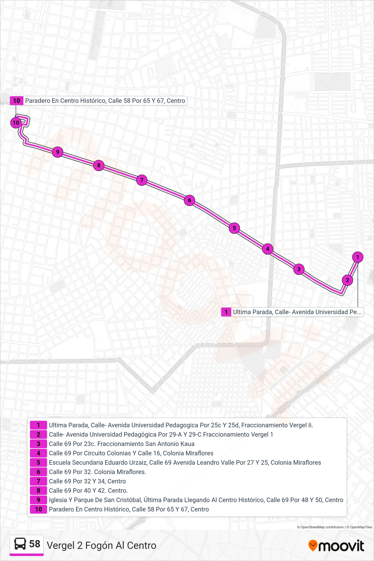 58 bus Line (Vergel 2 Fogón Al Centro) route and stops on a map