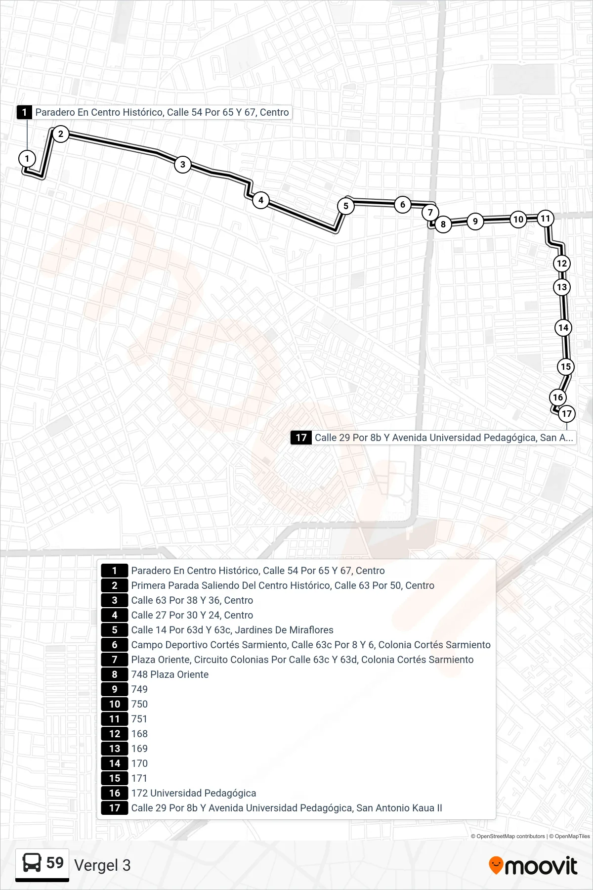 Recorrido y paradas de la línea 59 de autobús (Vergel 3) en el mapa