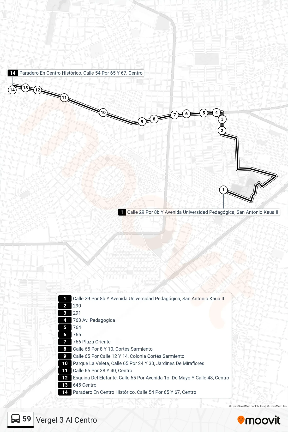 59 bus Line (Vergel 3 Al Centro) route and stops on a map