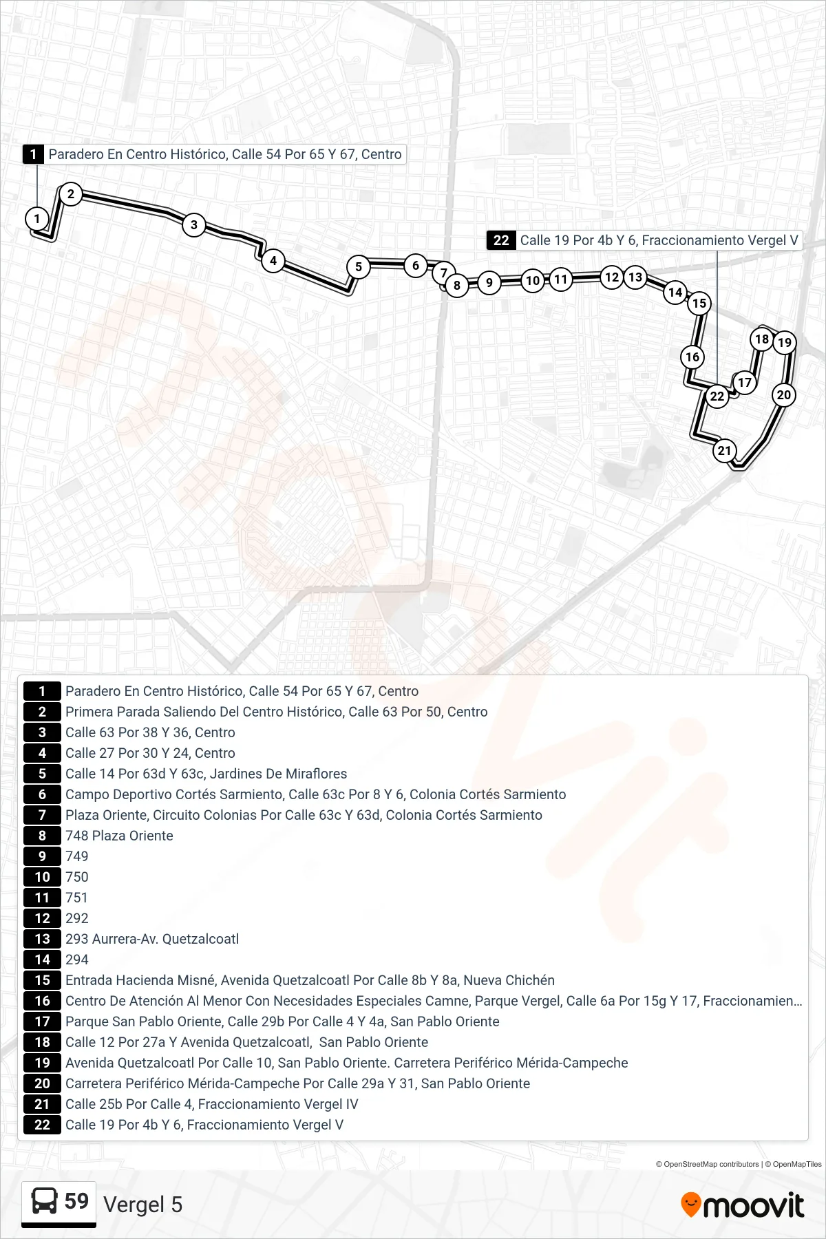 Recorrido y paradas de la línea 59 de autobús (Vergel 5) en el mapa