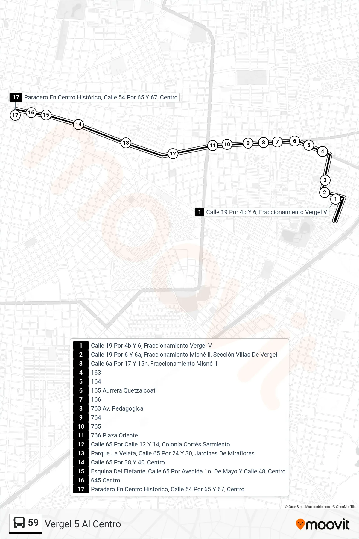 Recorrido y paradas de la línea 59 de autobús (Vergel 5 Al Centro) en el mapa