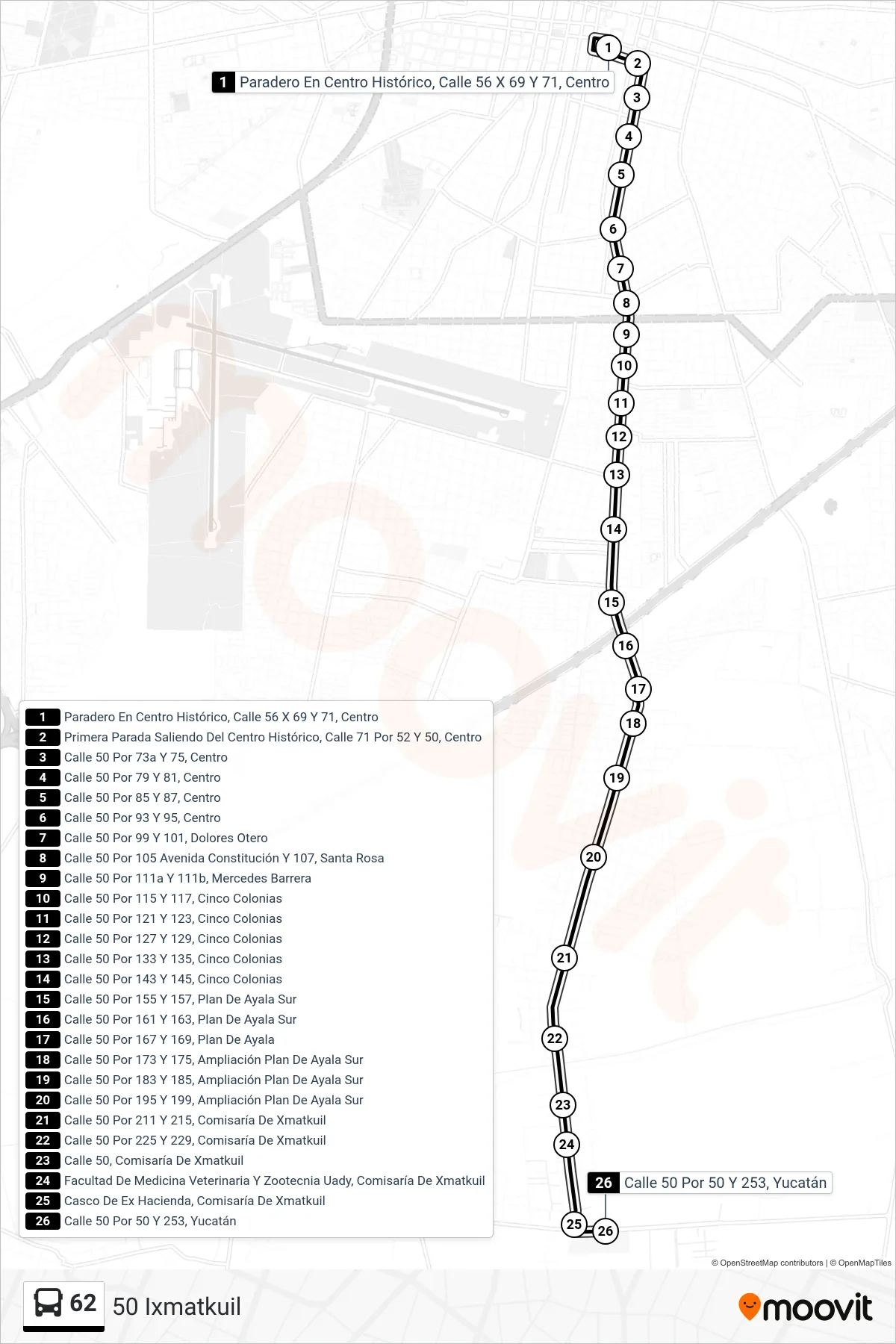 Recorrido y paradas de la línea 62 de autobús (50 Ixmatkuil) en el mapa