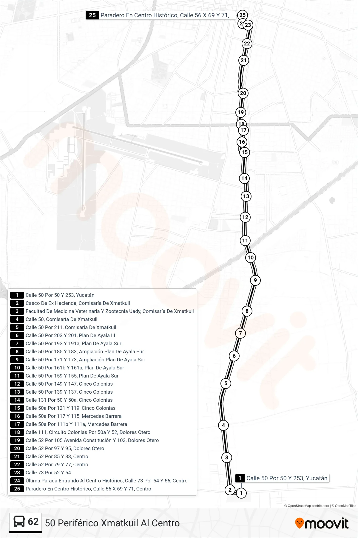62 bus Line (50 Periférico Xmatkuil Al Centro) route and stops on a map