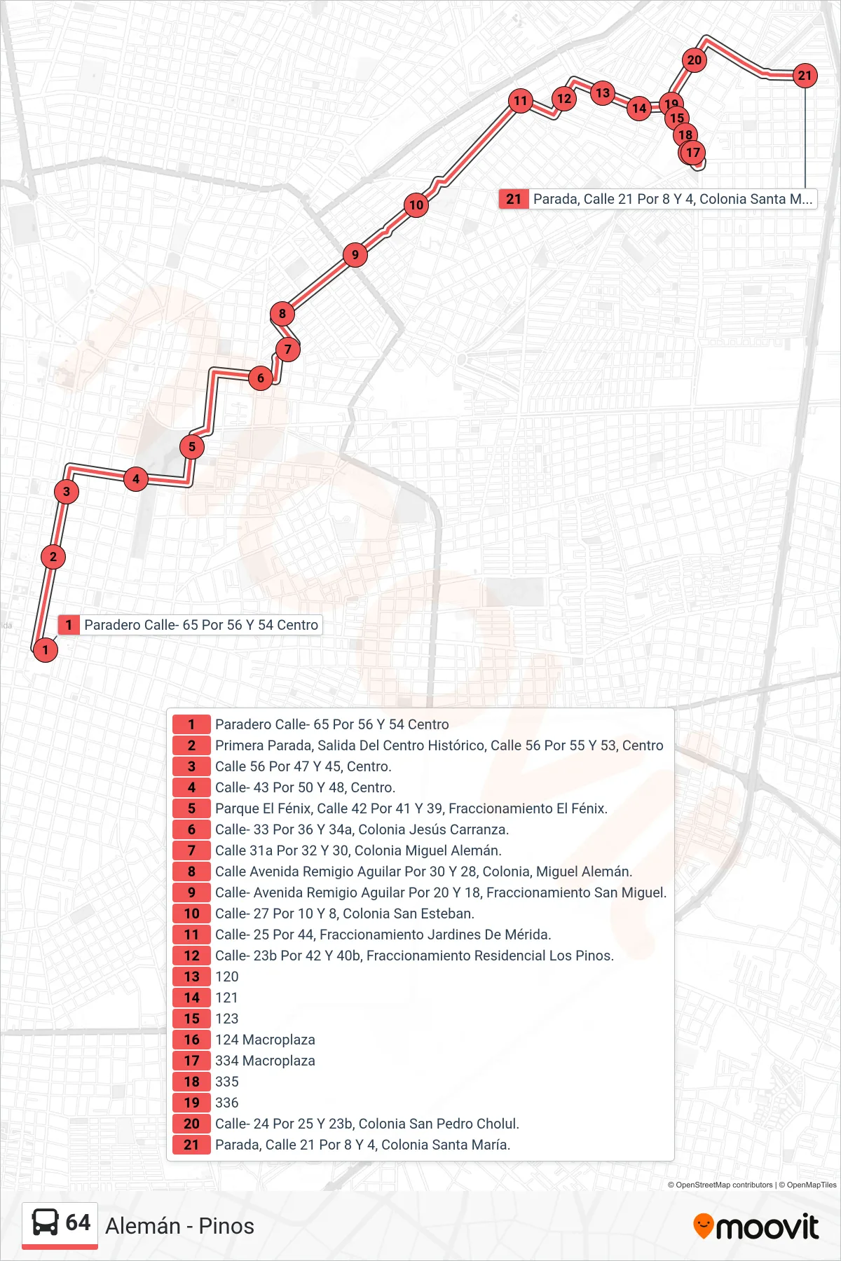 Recorrido y paradas de la línea 64 de autobús (Alemán - Pinos) en el mapa