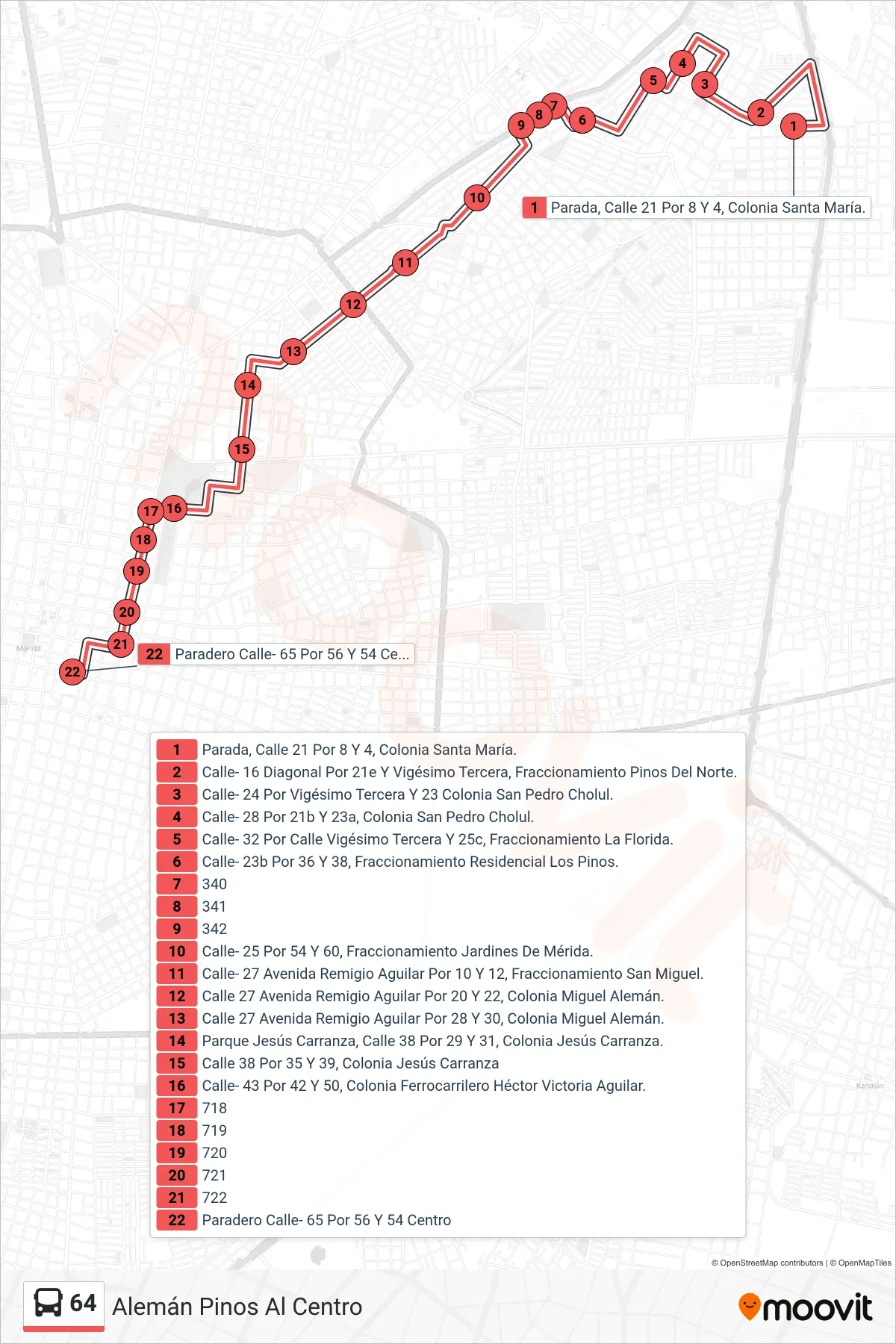 64 bus Line (Alemán Pinos Al Centro) route and stops on a map
