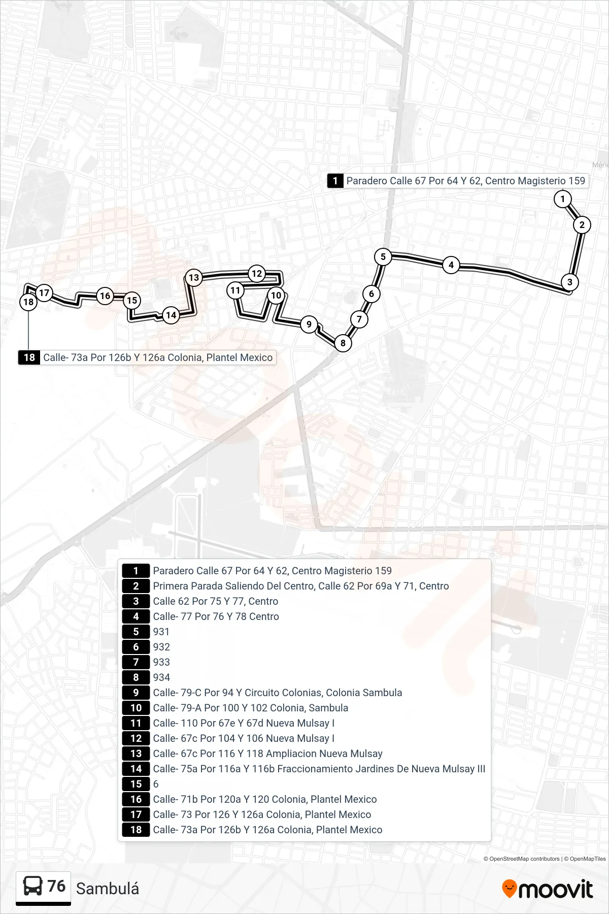 Recorrido y paradas de la línea 76 de autobús (Sambulá) en el mapa