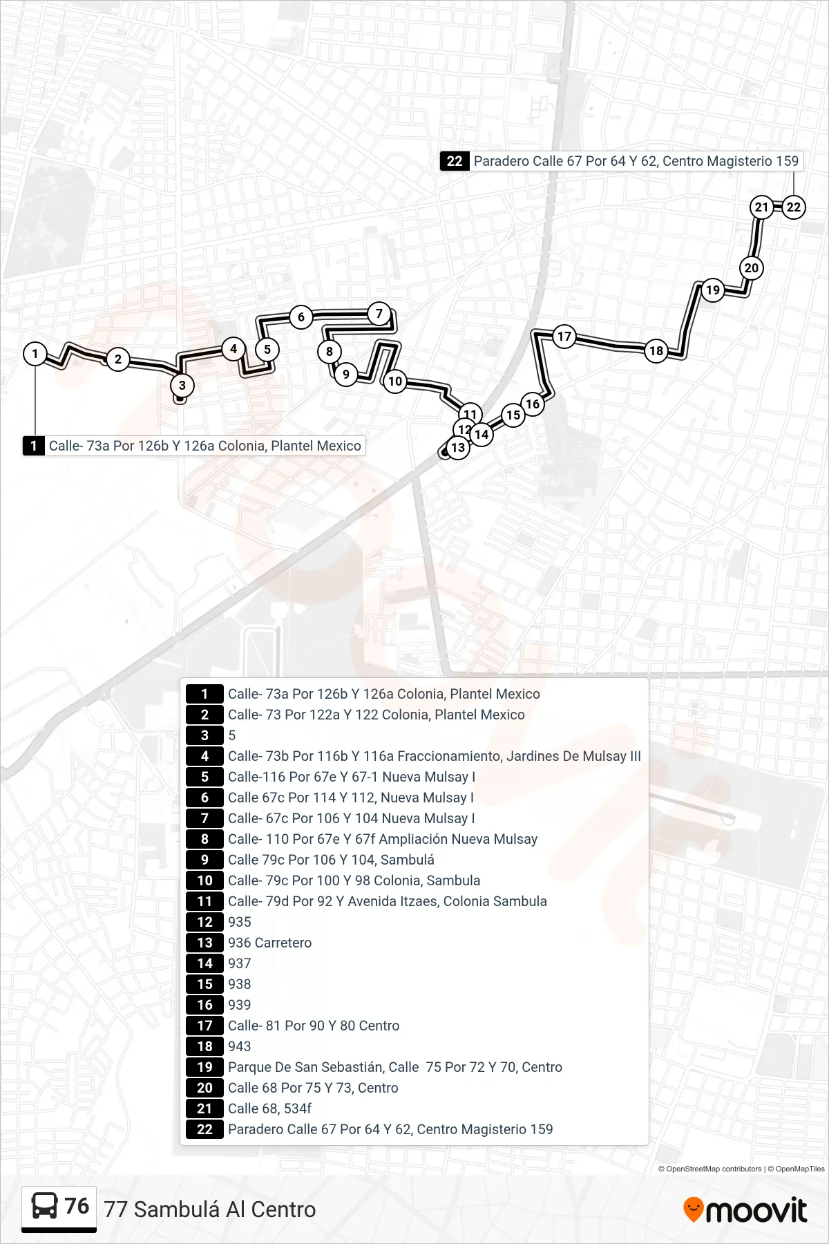 Recorrido y paradas de la línea 76 de autobús (77 Sambulá Al Centro) en el mapa