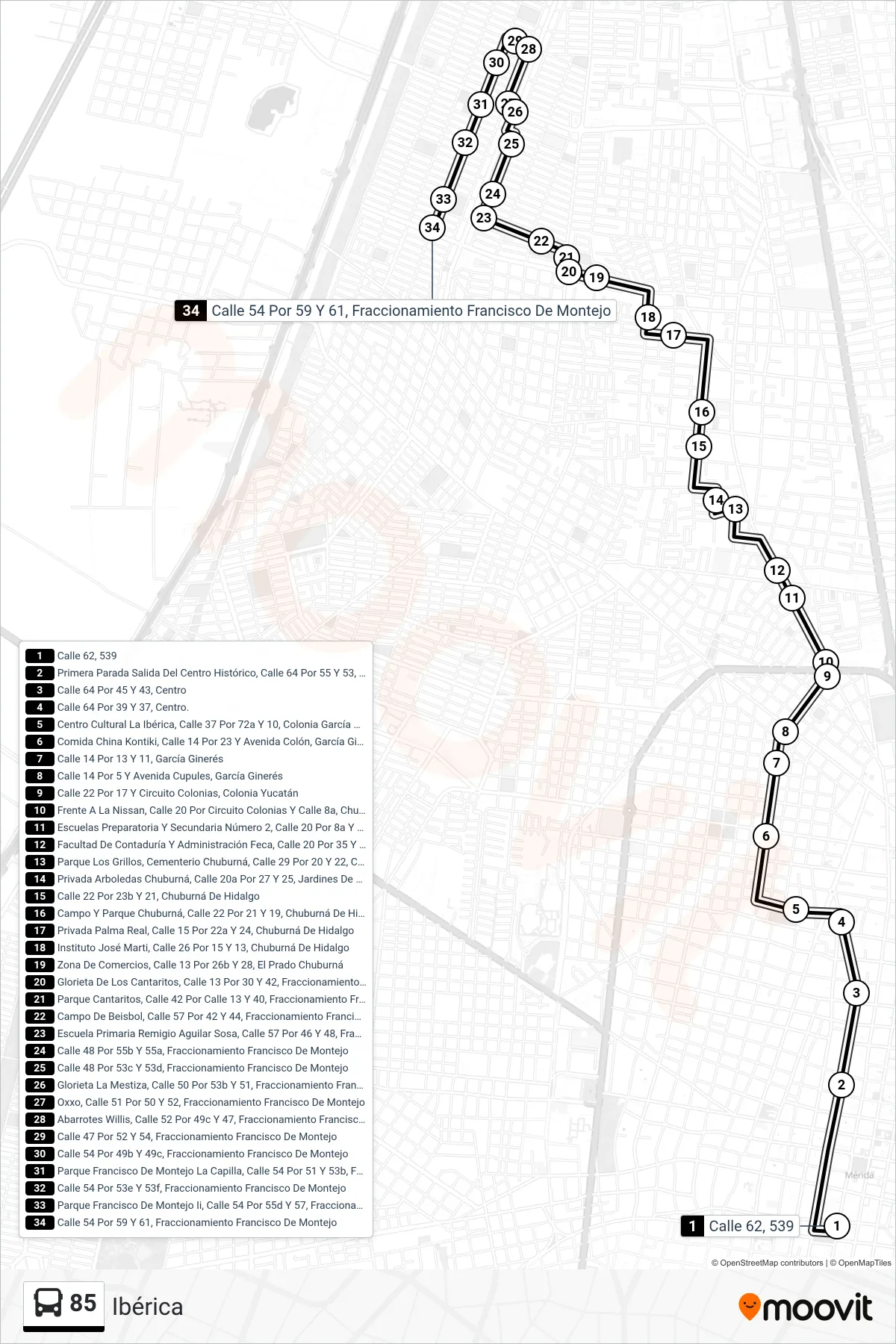 Recorrido y paradas de la línea 85 de autobús (Ibérica) en el mapa