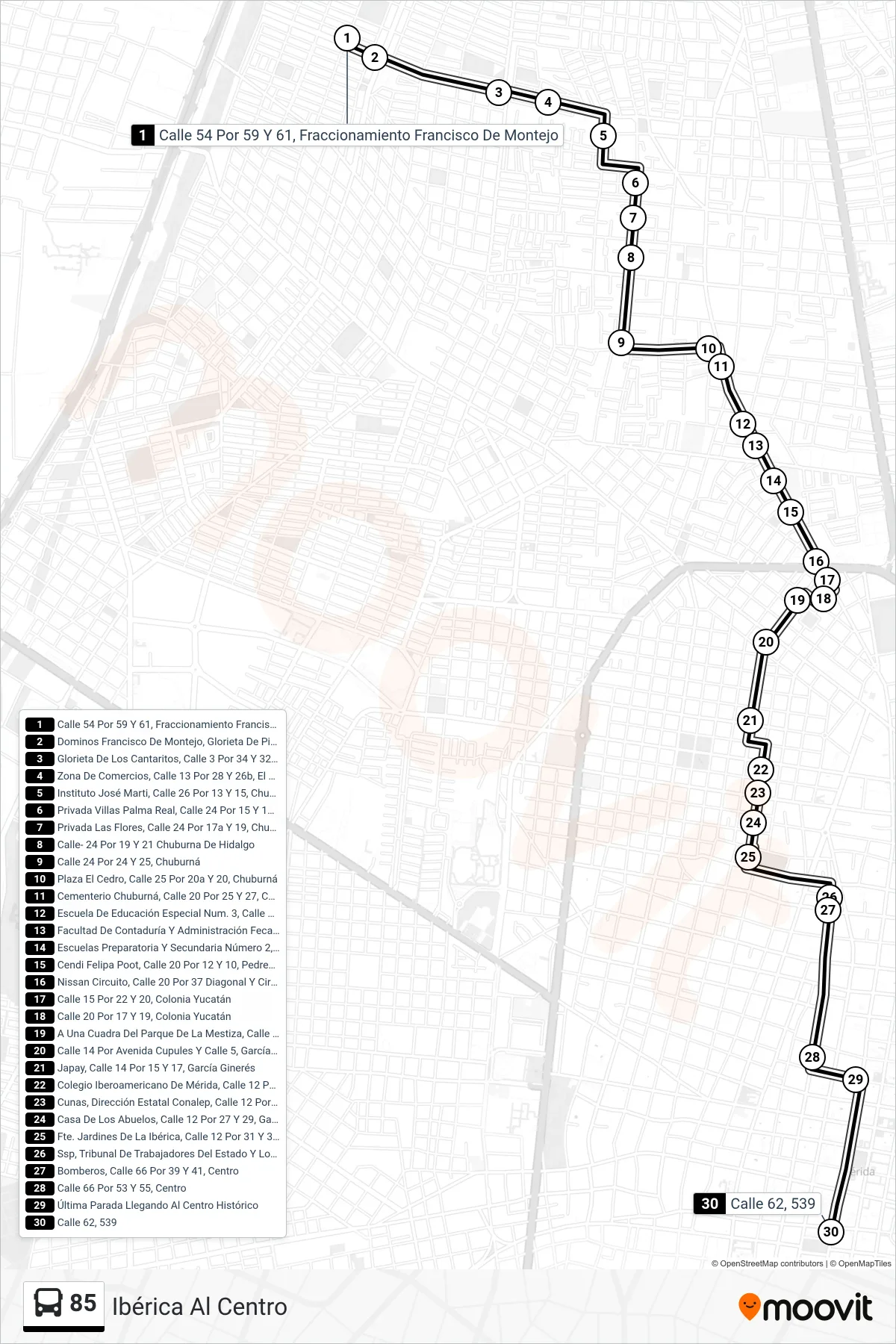 85 bus Line (Ibérica Al Centro) route and stops on a map