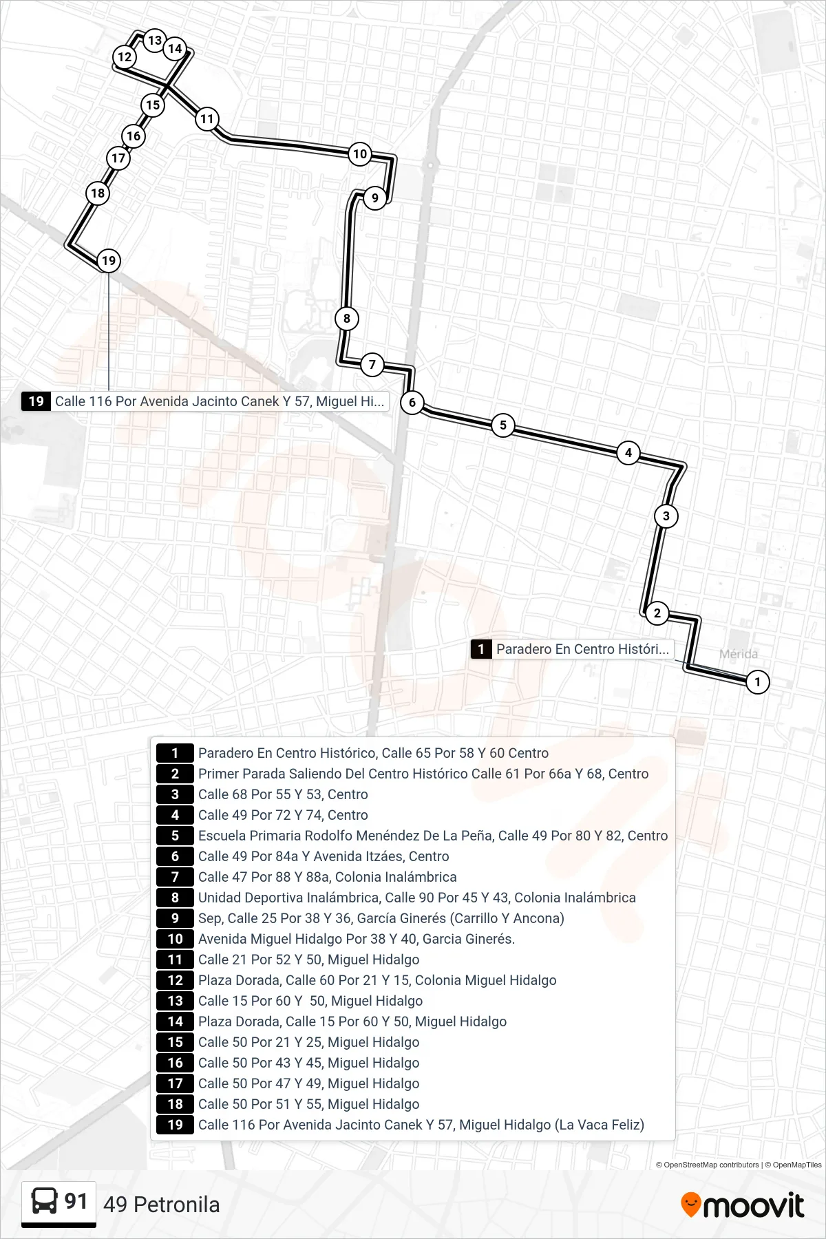 Recorrido y paradas de la línea 91 de autobús (49 Petronila) en el mapa