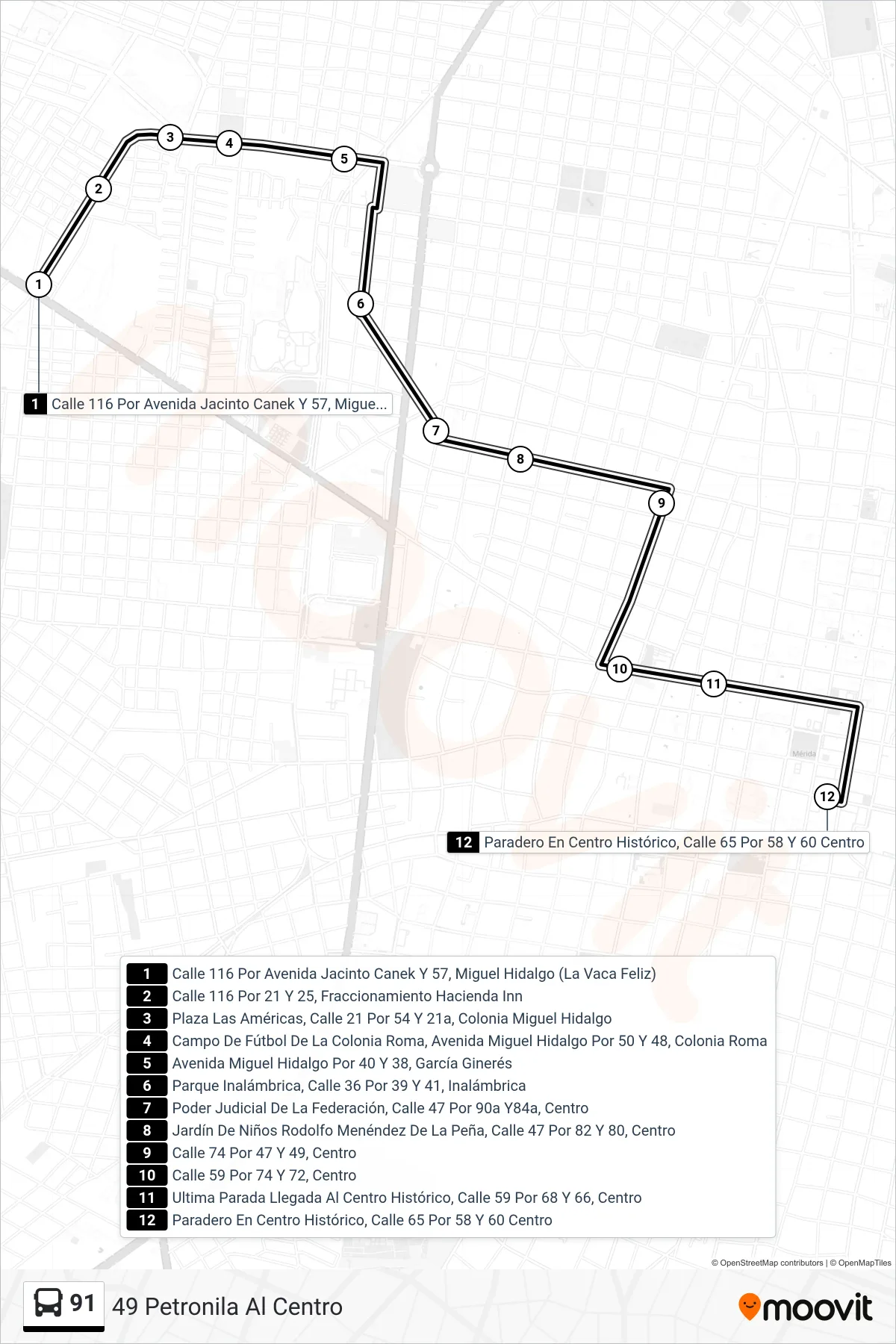 91 bus Line (49 Petronila Al Centro) route and stops on a map