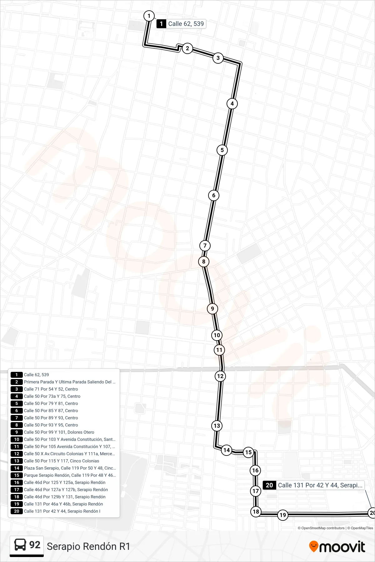 Recorrido y paradas de la línea 92 de autobús (Serapio Rendón R1) en el mapa