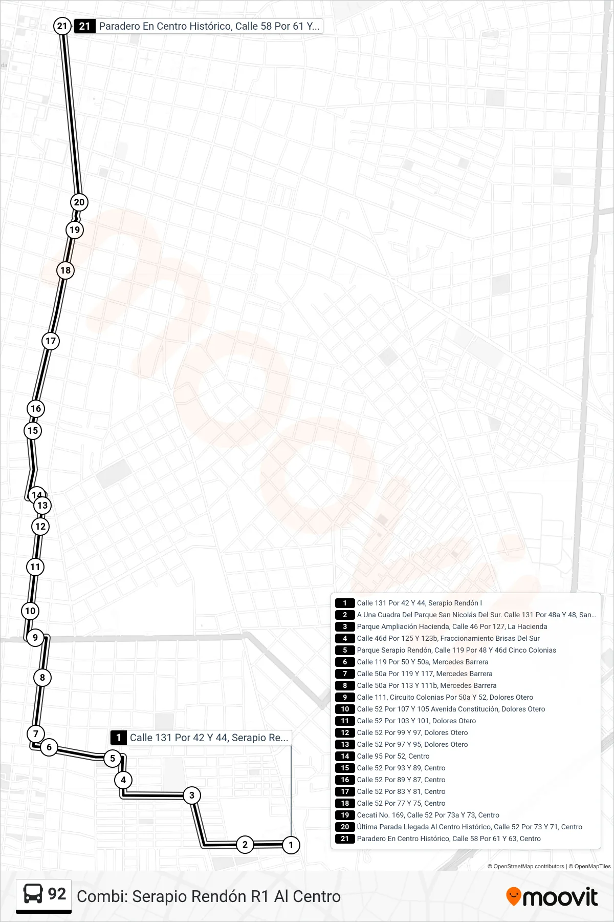 92 bus Line (Combi: Serapio Rendón R1 Al Centro) route and stops on a map