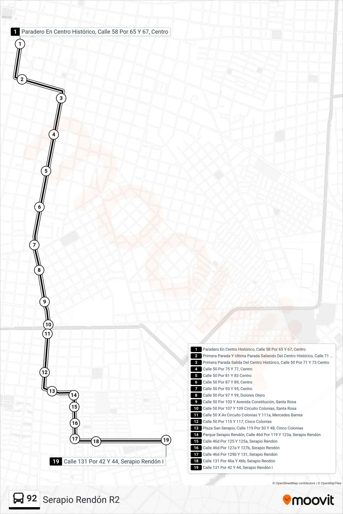 Recorrido y paradas de la línea 92 de autobús (Serapio Rendón R2) en el mapa