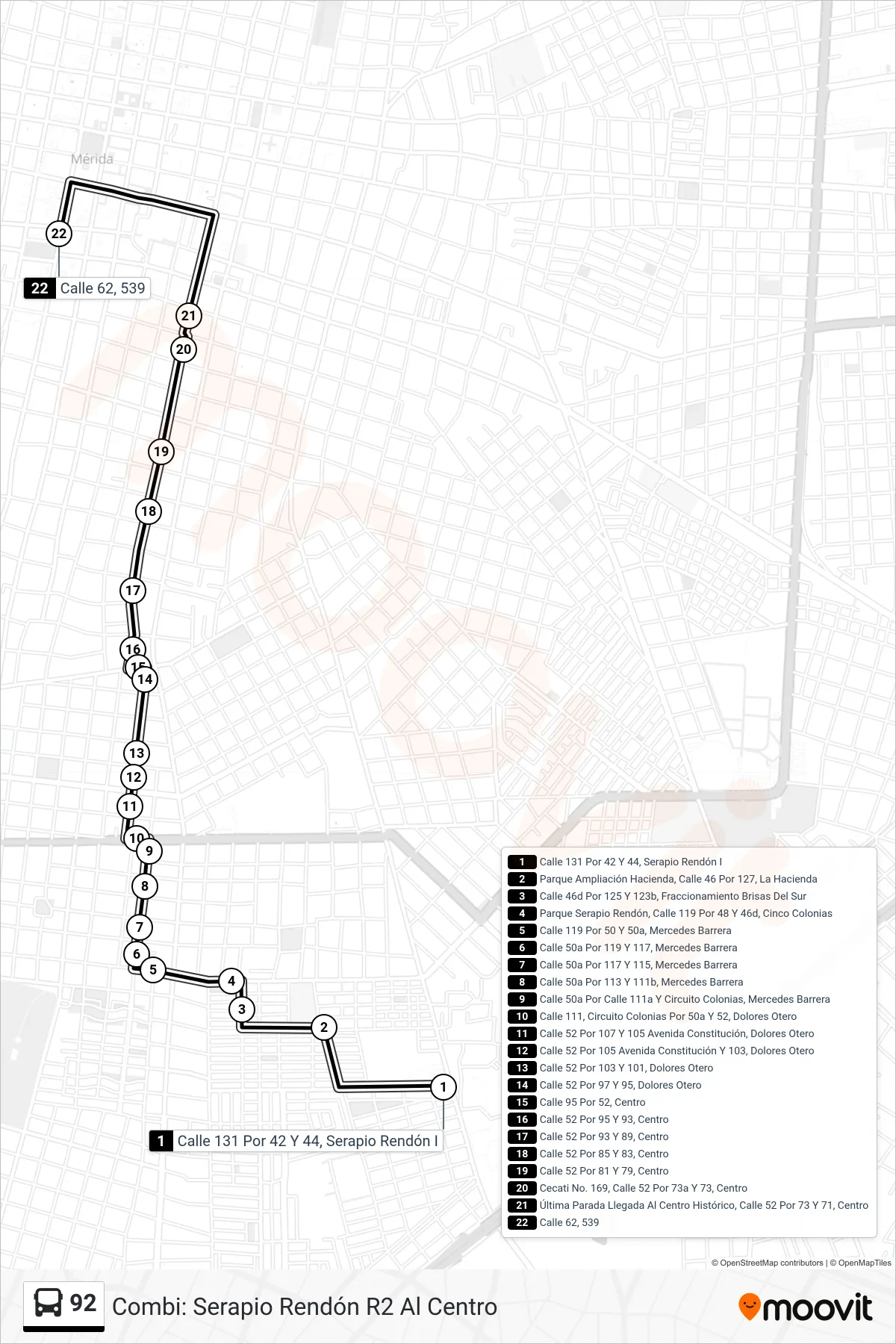 Recorrido y paradas de la línea 92 de autobús (Combi: Serapio Rendón R2 Al Centro) en el mapa