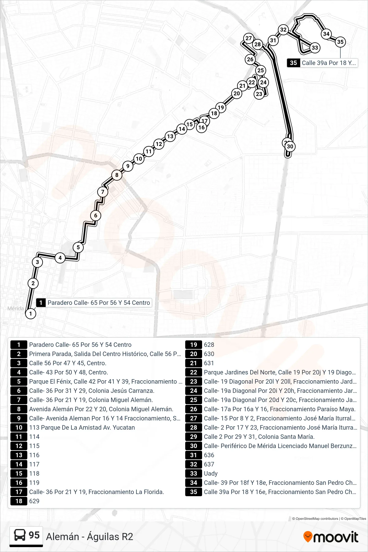 Recorrido y paradas de la línea 95 de autobús (Alemán - Águilas R2) en el mapa