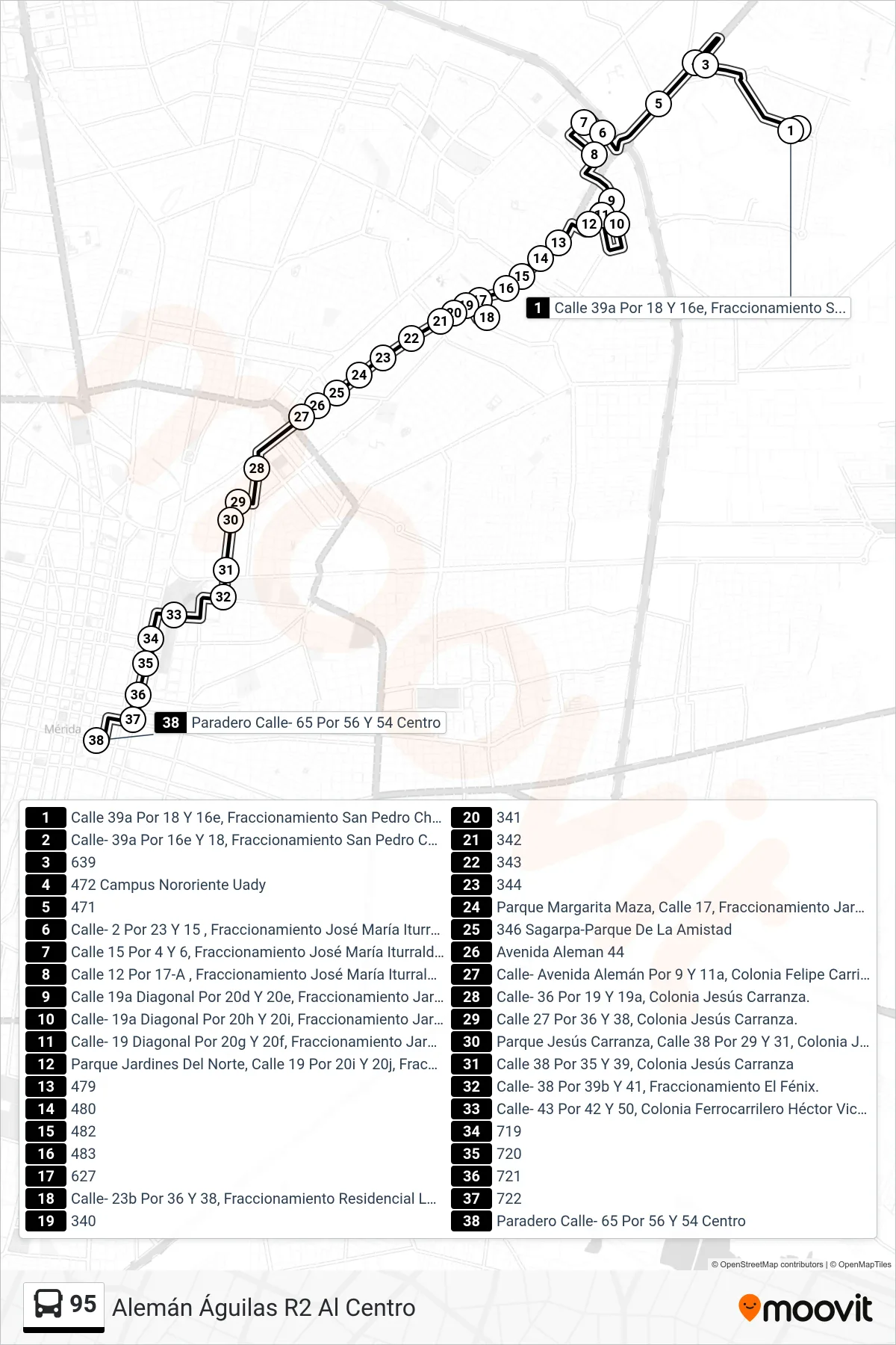 95 bus Line (Alemán Águilas R2 Al Centro) route and stops on a map