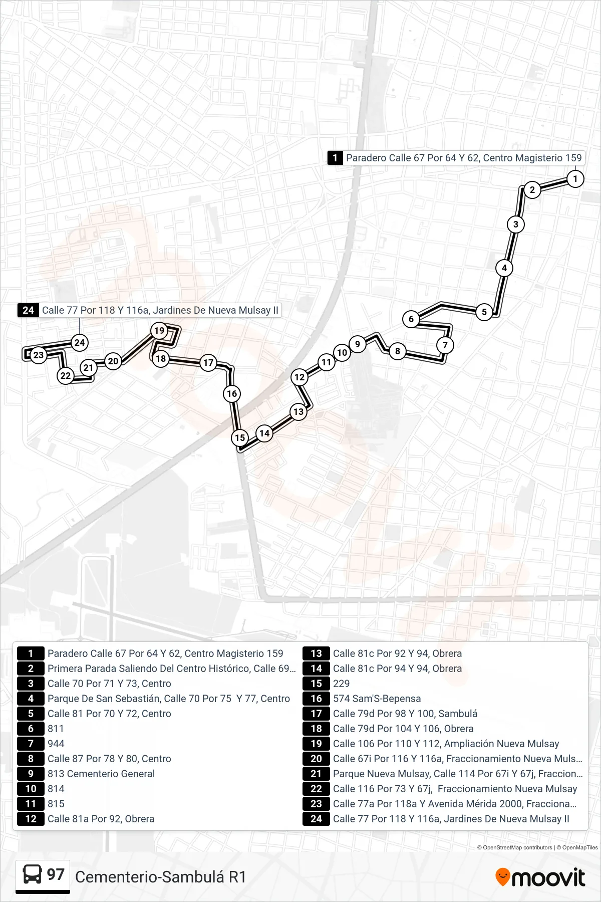Recorrido y paradas de la línea 97 de autobús (Cementerio-Sambulá R1) en el mapa