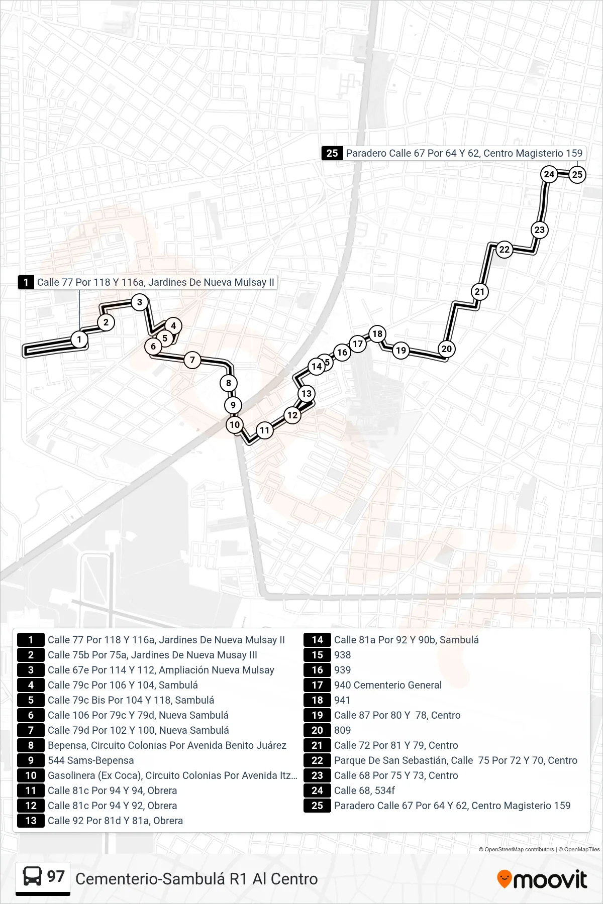 97 bus Line (Cementerio-Sambulá R1 Al Centro) route and stops on a map
