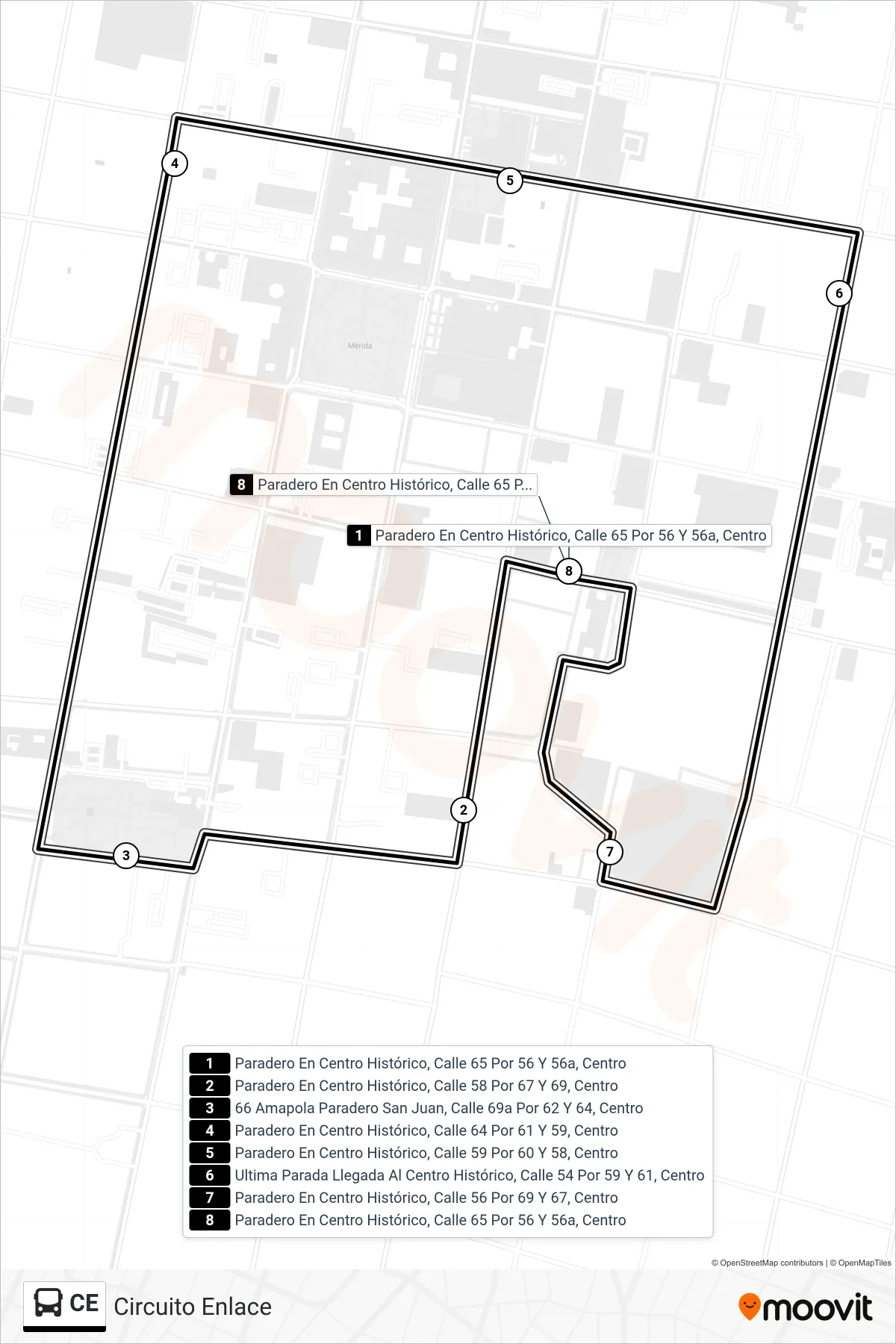 Recorrido y paradas de la línea CE de autobús (Circuito Enlace) en el mapa