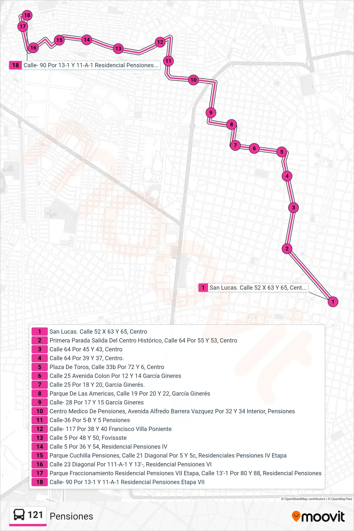 Recorrido y paradas de la línea 121 de autobús (Pensiones) en el mapa