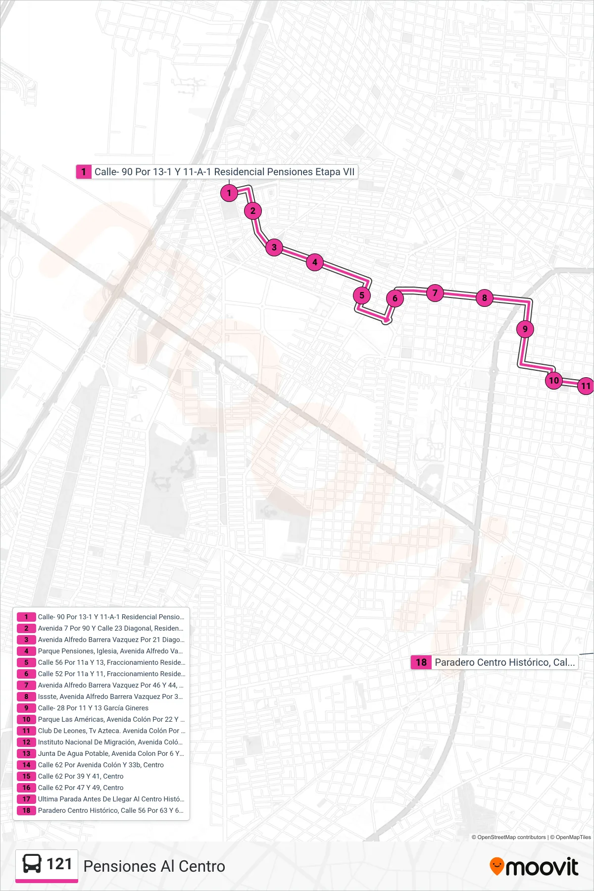 121 bus Line (Pensiones Al Centro) route and stops on a map