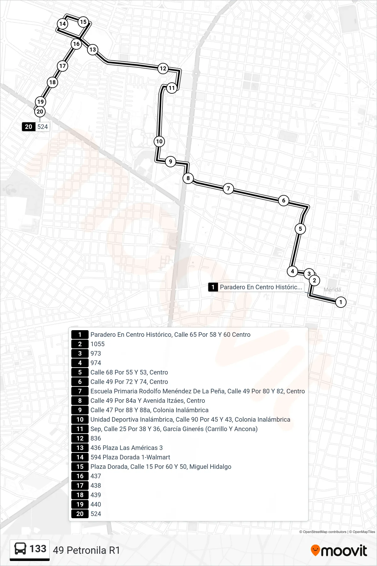 133 bus Line (49 Petronila R1) route and stops on a map