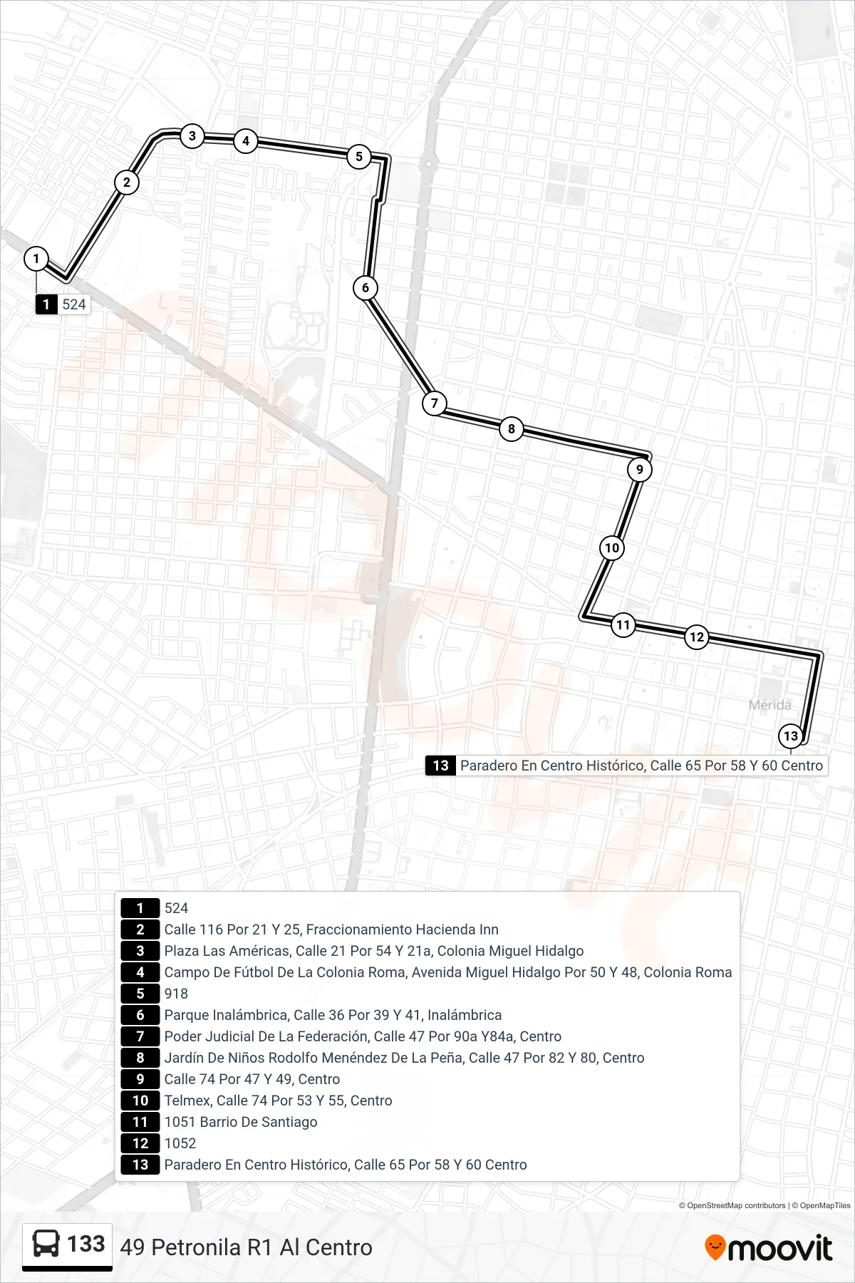 133 bus Line (49 Petronila R1 Al Centro) route and stops on a map