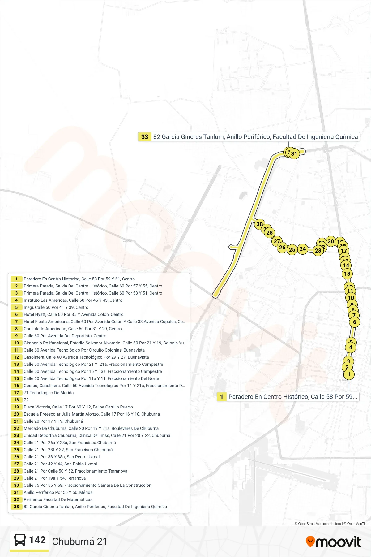 142 bus Line (Chuburná 21) route and stops on a map