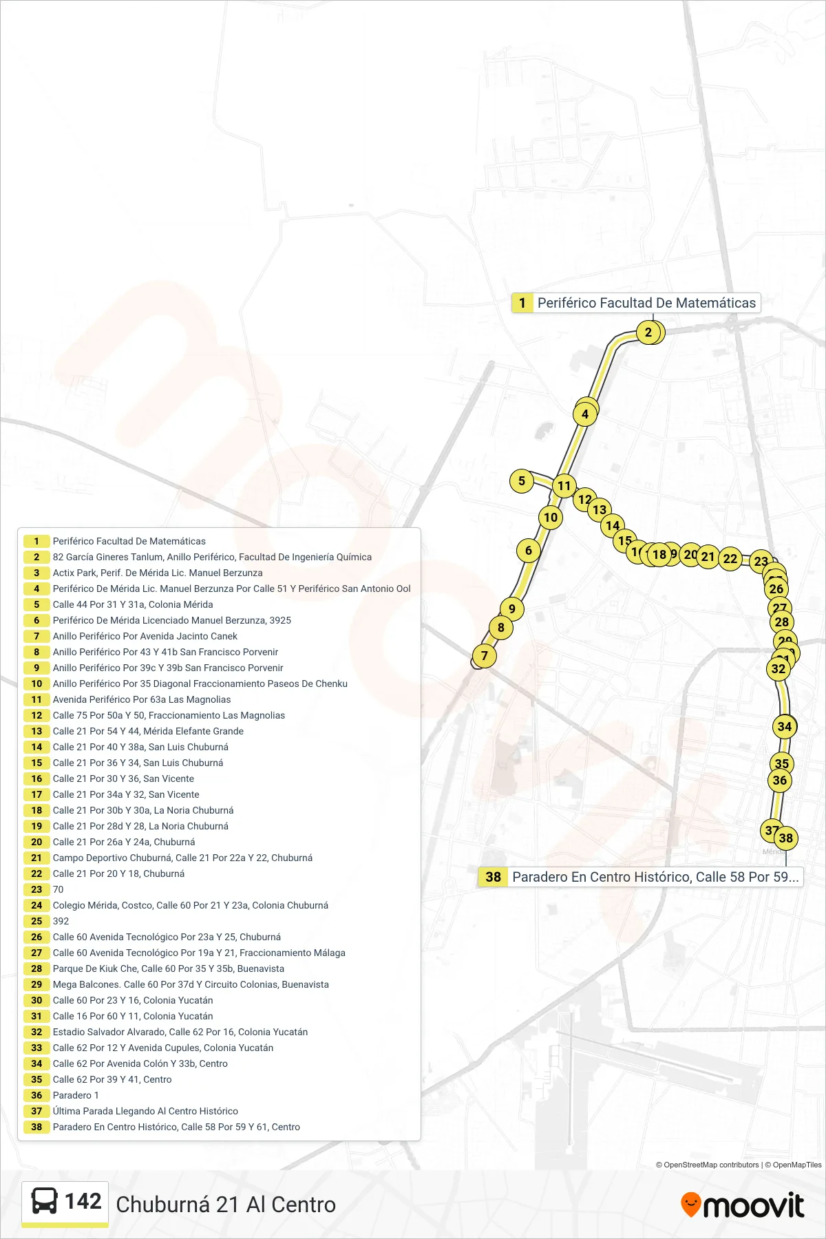 142 bus Line (Chuburná 21 Al Centro) route and stops on a map