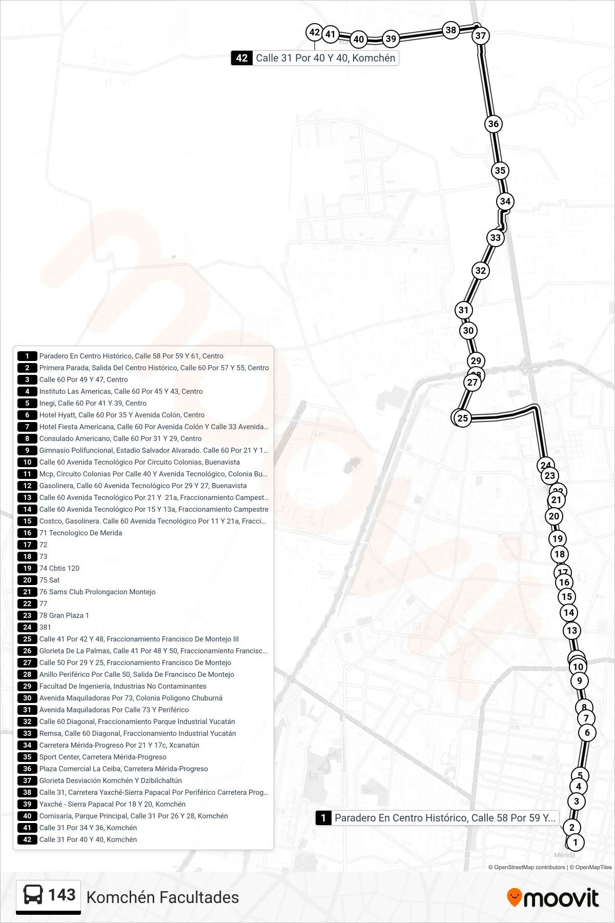 143 bus Line (Komchén Facultades) route and stops on a map
