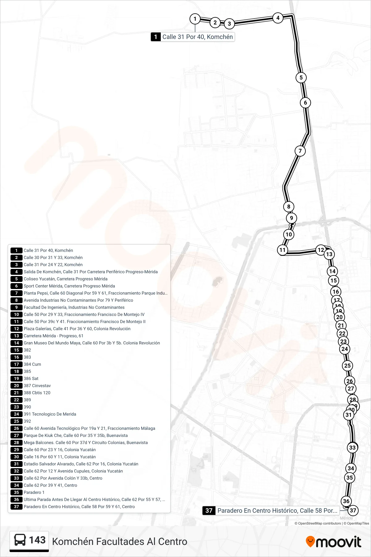 143 bus Line (Komchén Facultades Al Centro) route and stops on a map