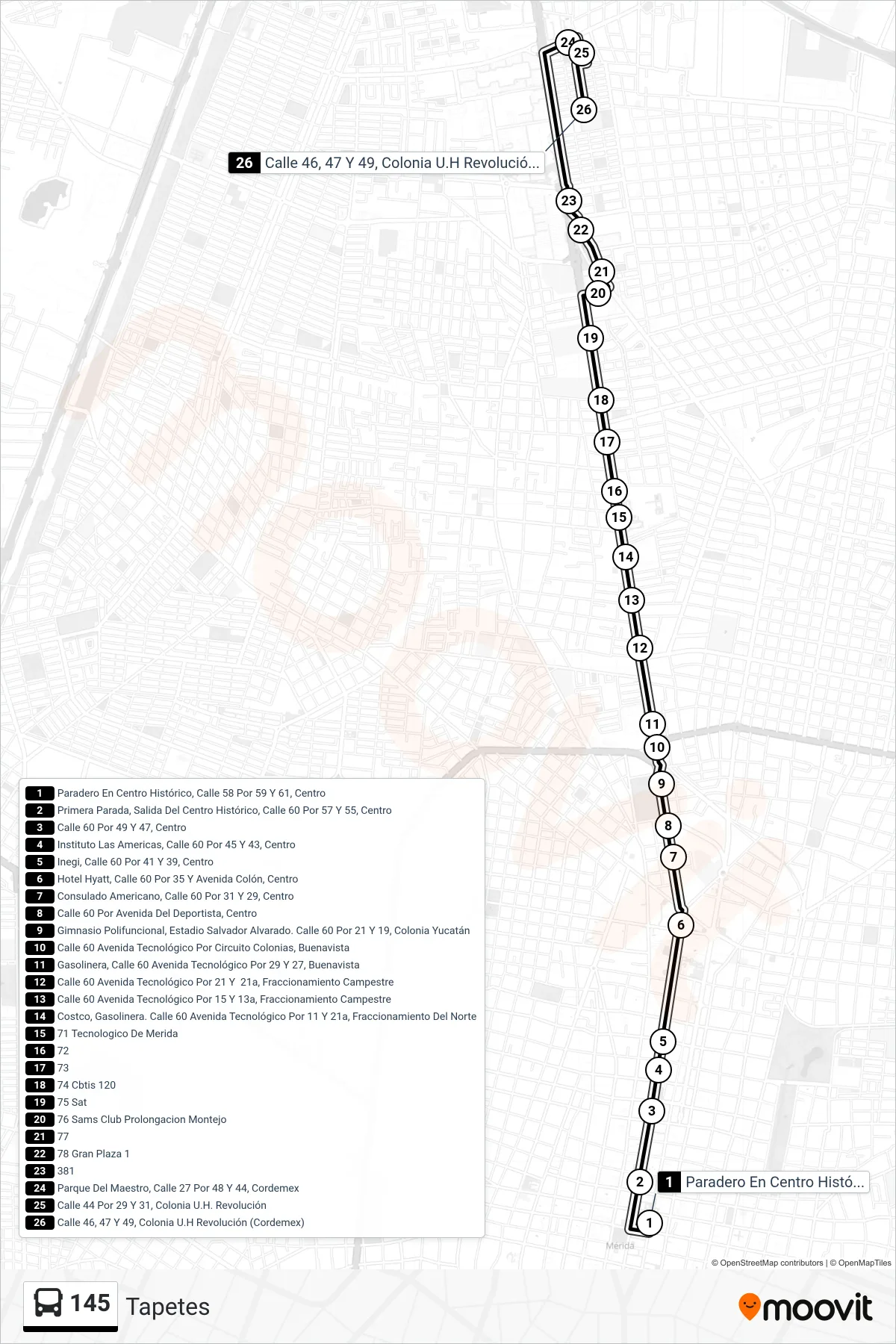 145 bus Line (Tapetes) route and stops on a map