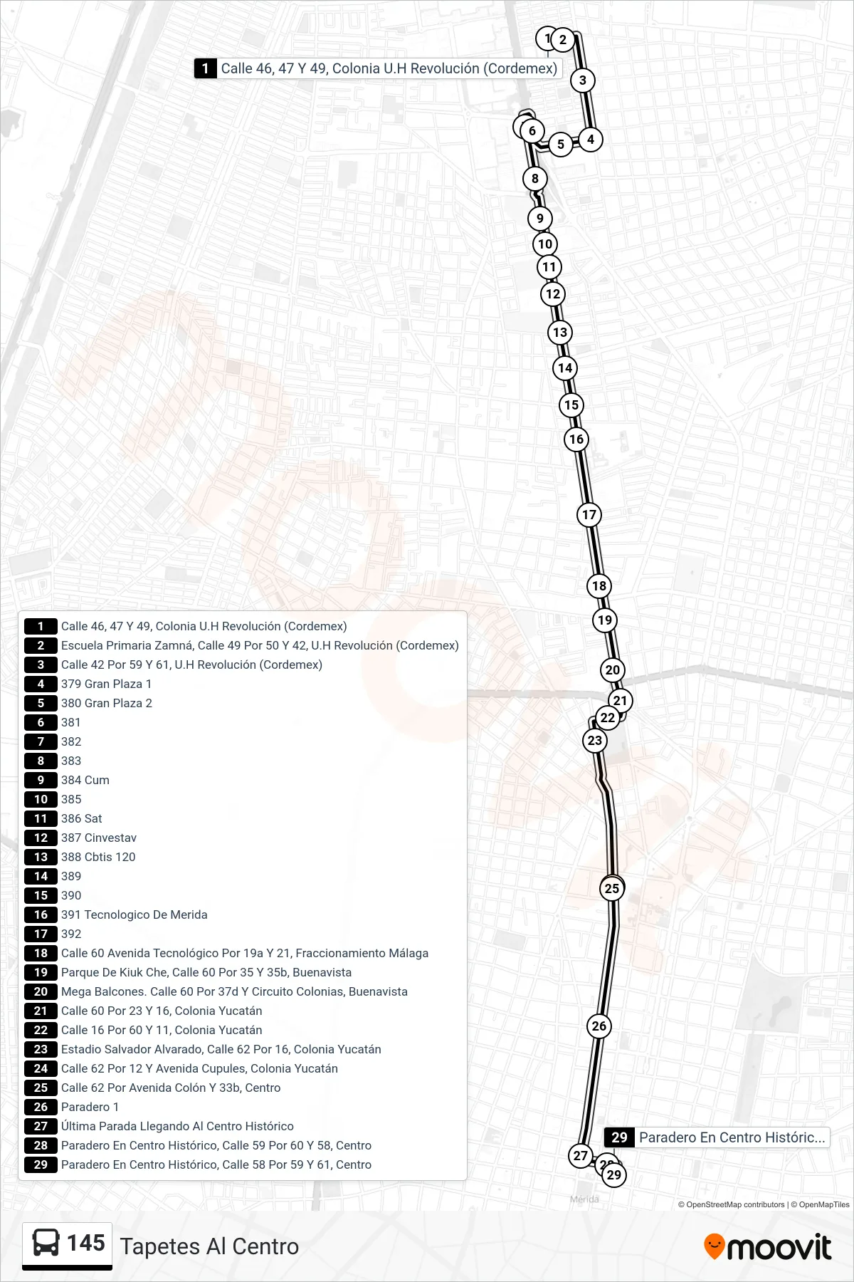145 bus Line (Tapetes Al Centro) route and stops on a map