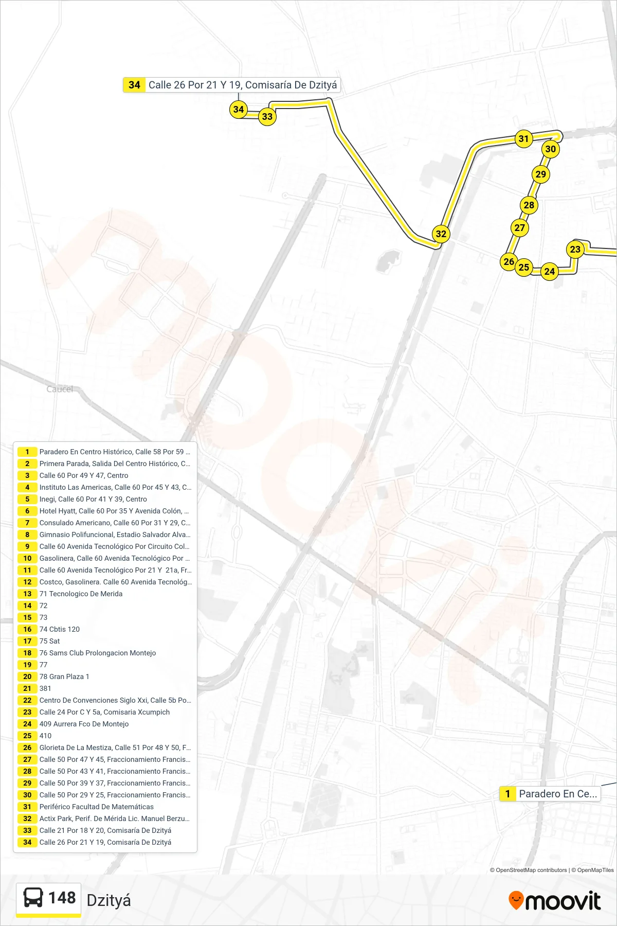 Recorrido y paradas de la línea 148 de autobús (Dzityá) en el mapa