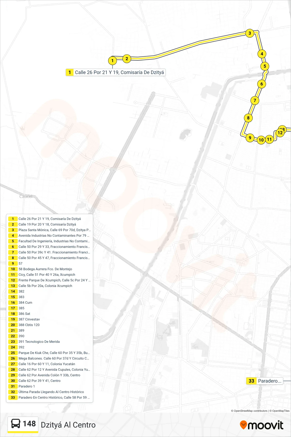 148 bus Line (Dzityá Al Centro) route and stops on a map
