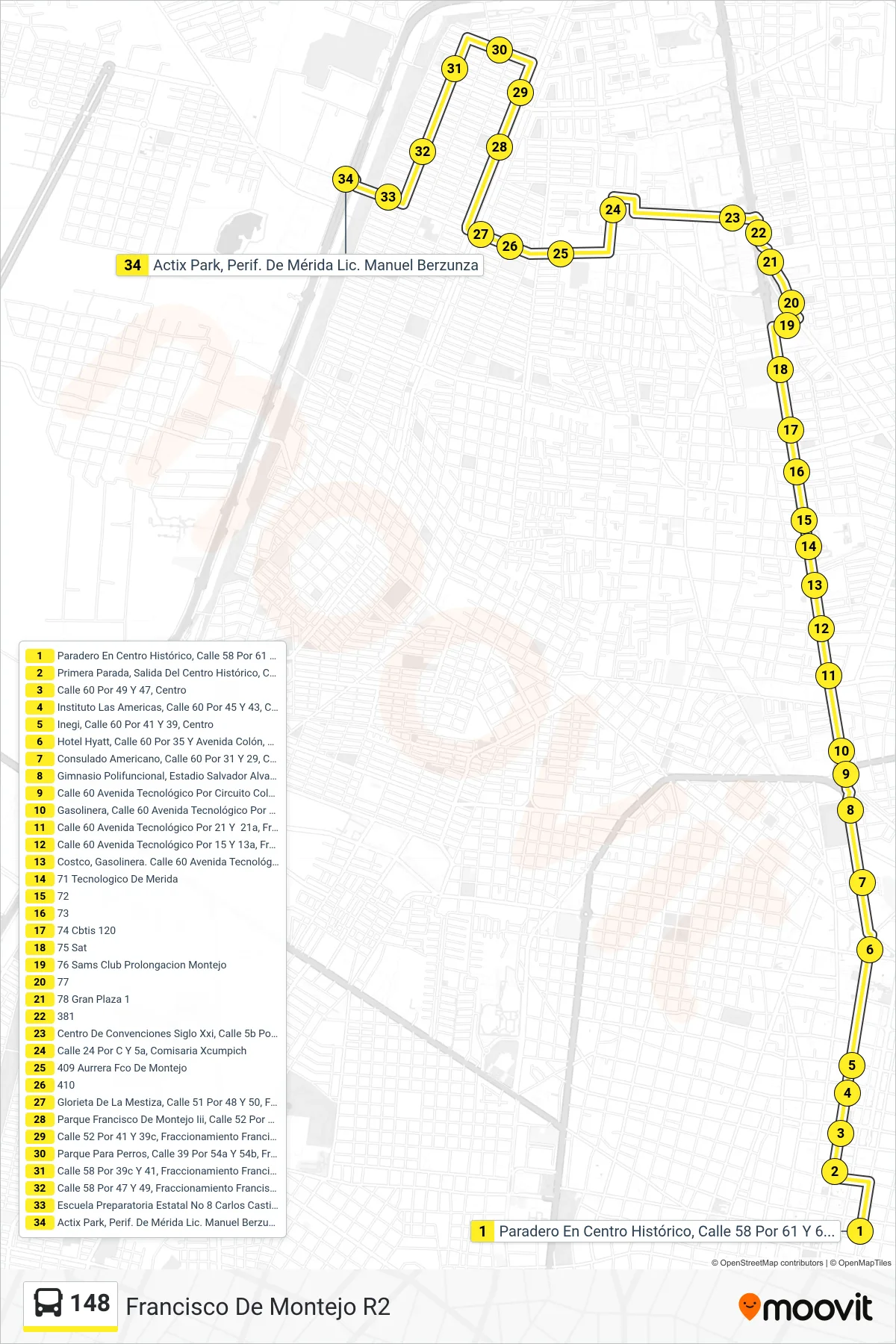 148 bus Line (Francisco De Montejo R2) route and stops on a map