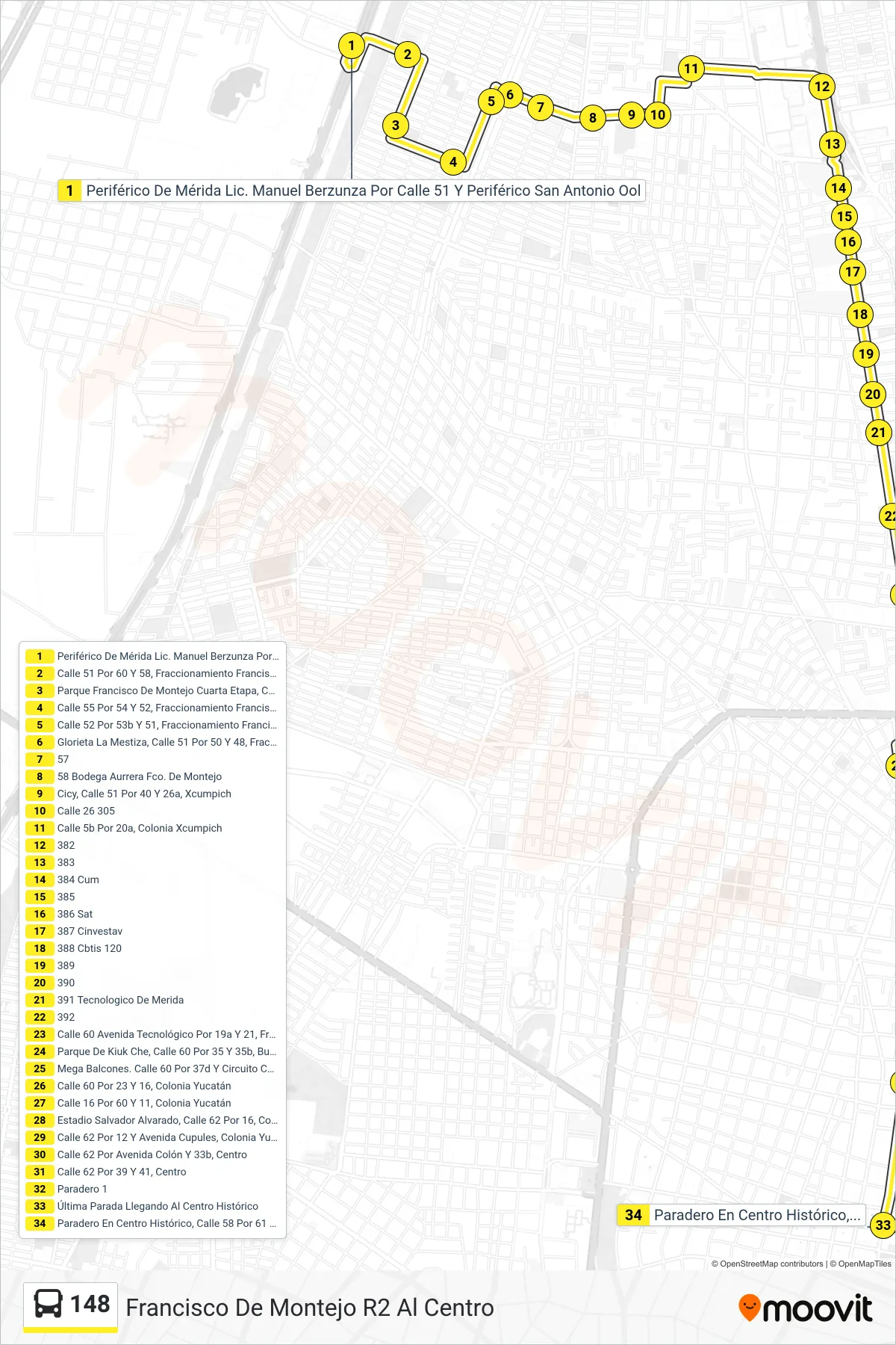 148 bus Line (Francisco De Montejo R2 Al Centro) route and stops on a map