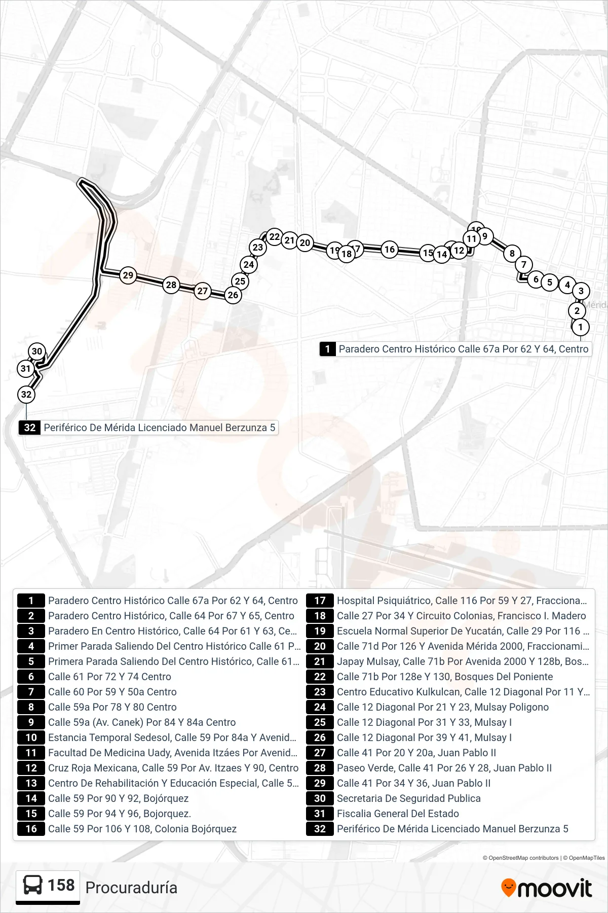 158 bus Line (Procuraduría) route and stops on a map
