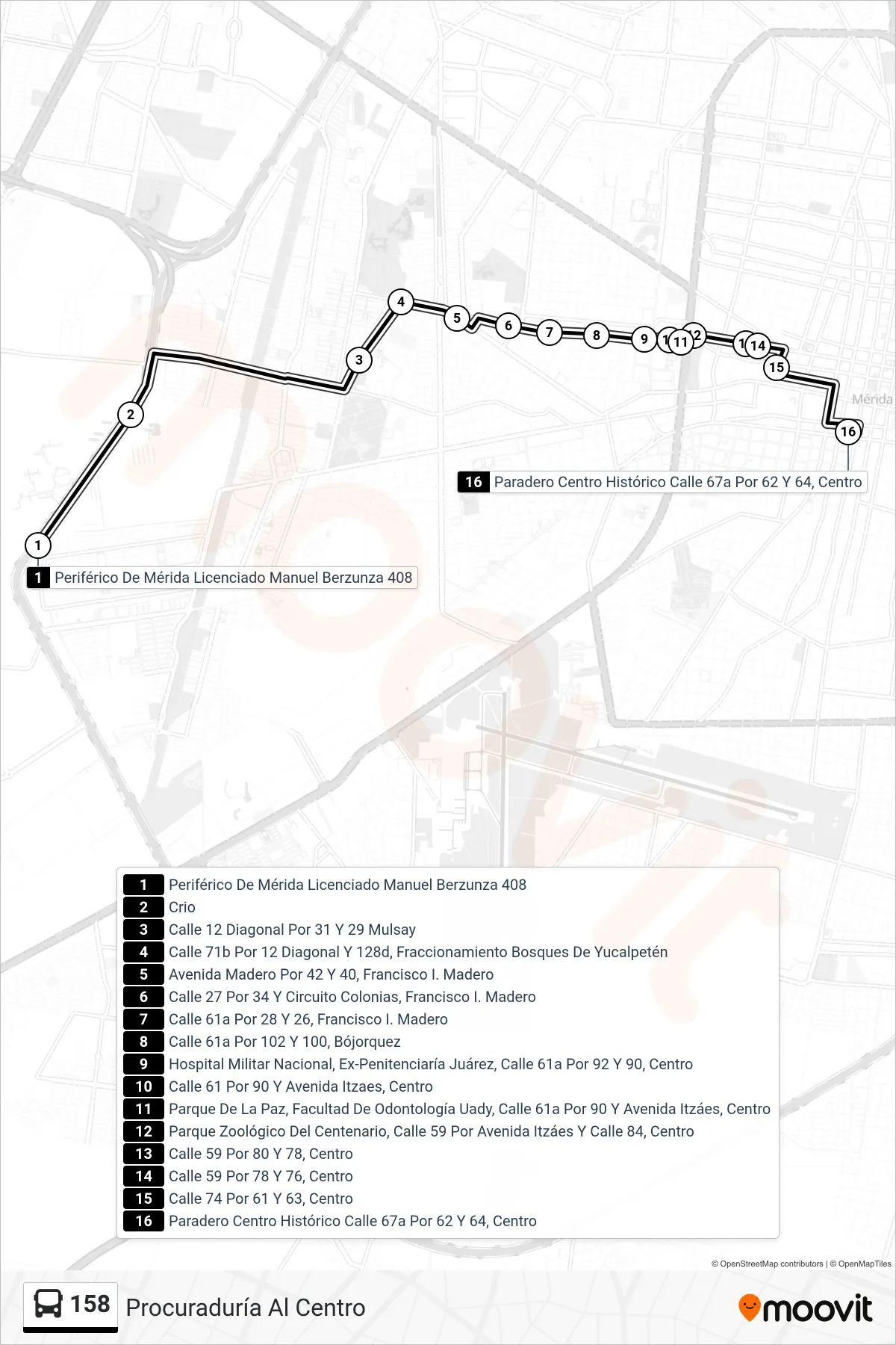 158 bus Line (Procuraduría Al Centro) route and stops on a map