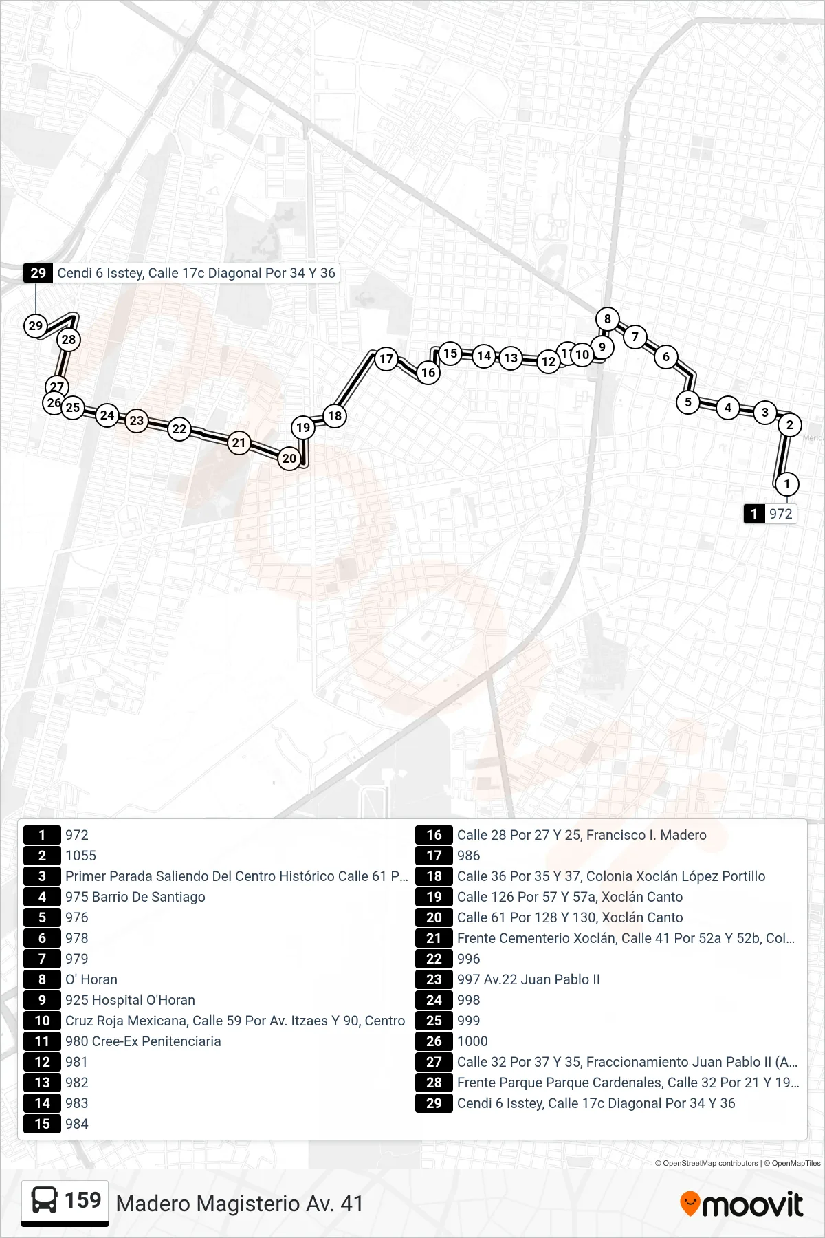 Recorrido y paradas de la línea 159 de autobús (Madero Magisterio Av. 41) en el mapa