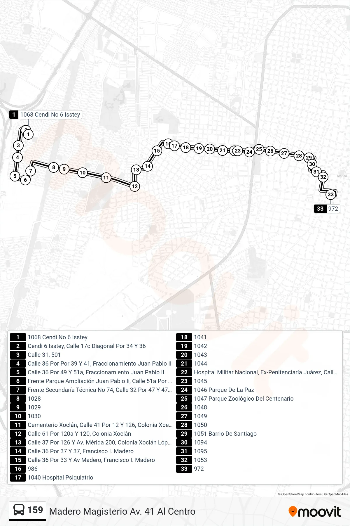 Recorrido y paradas de la línea 159 de autobús (Madero Magisterio Av. 41 Al Centro) en el mapa