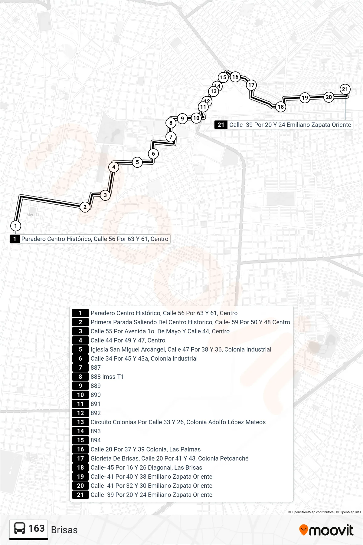 163 bus Line (Brisas) route and stops on a map