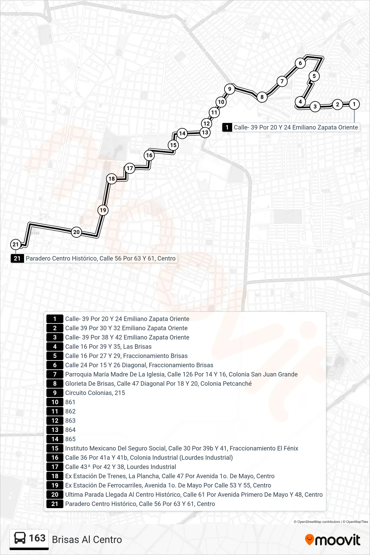 163 bus Line (Brisas Al Centro) route and stops on a map