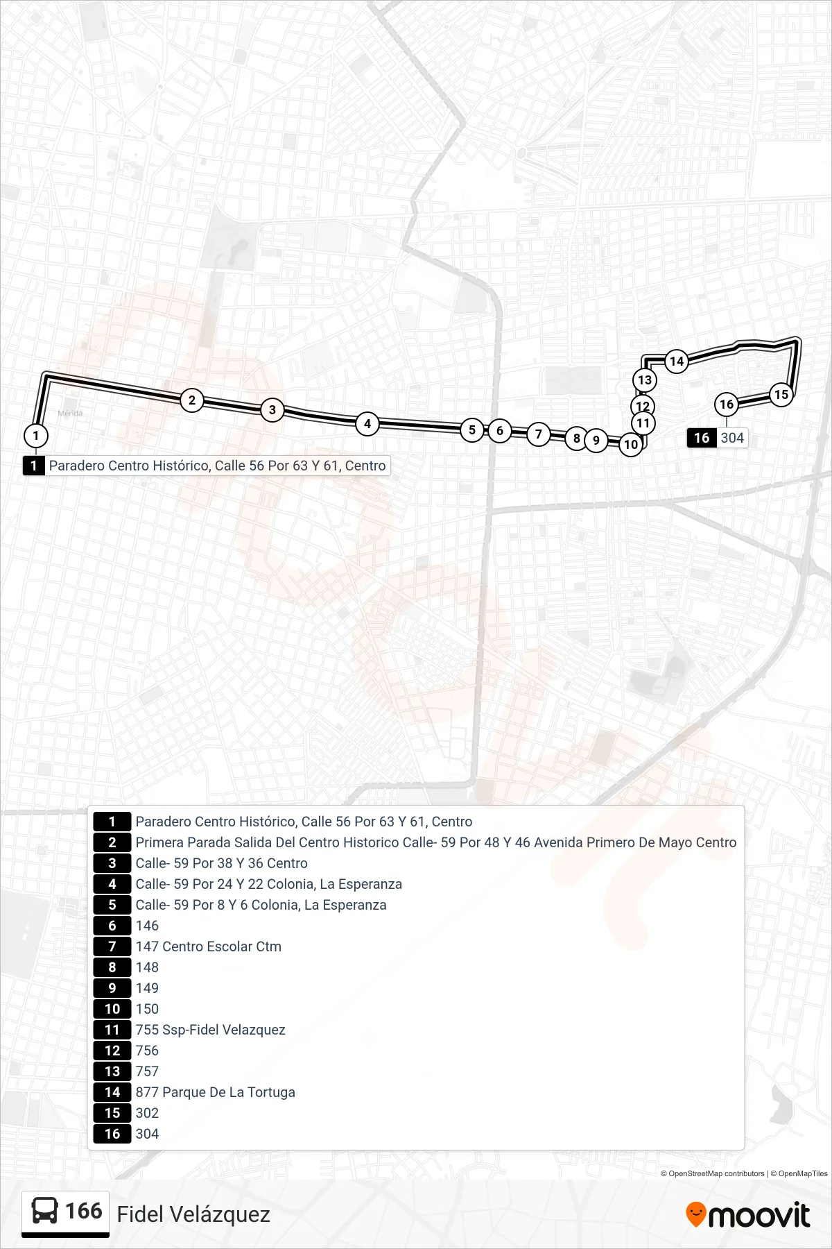 Recorrido y paradas de la línea 166 de autobús (Fidel Velázquez) en el mapa