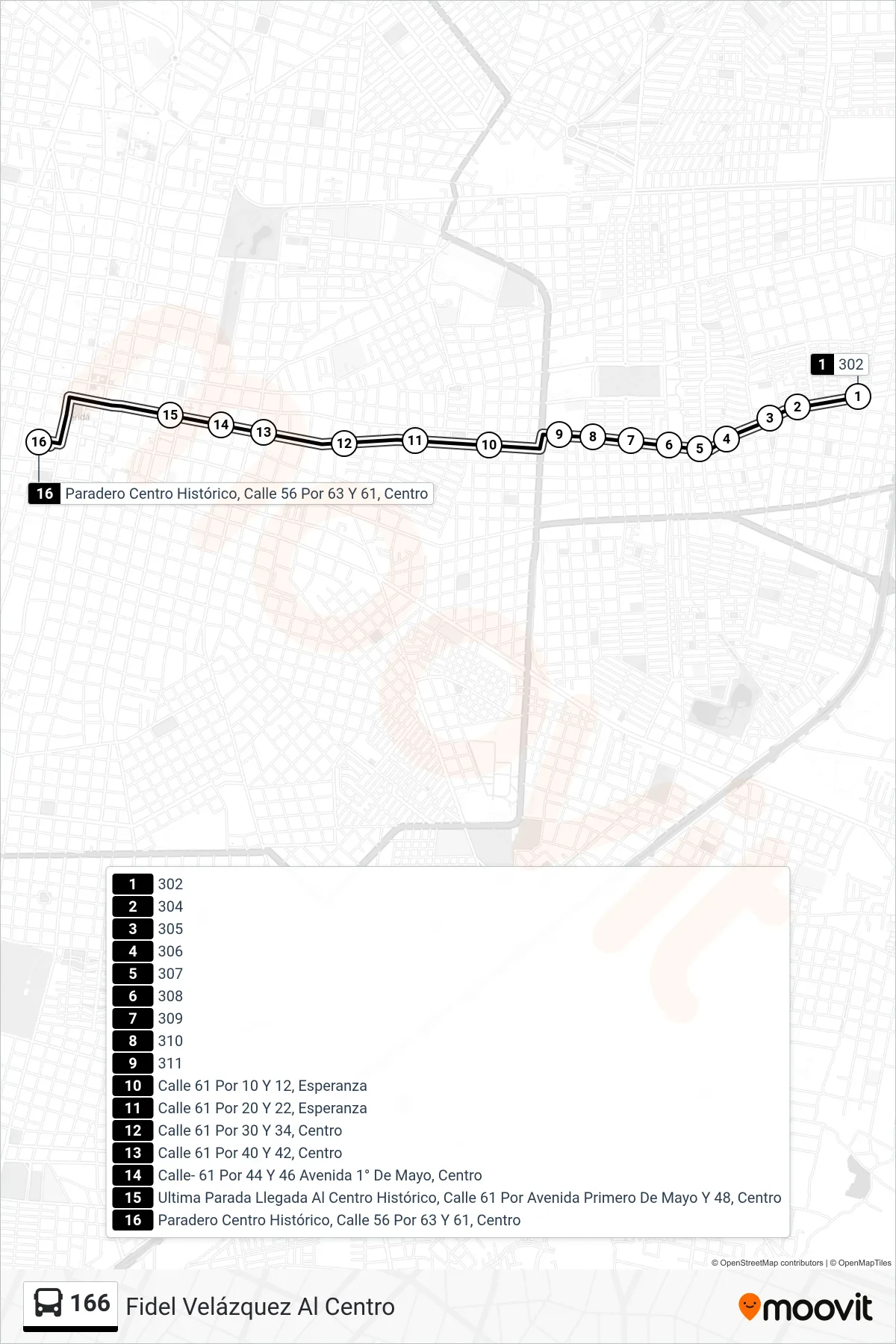 166 bus Line (Fidel Velázquez Al Centro) route and stops on a map