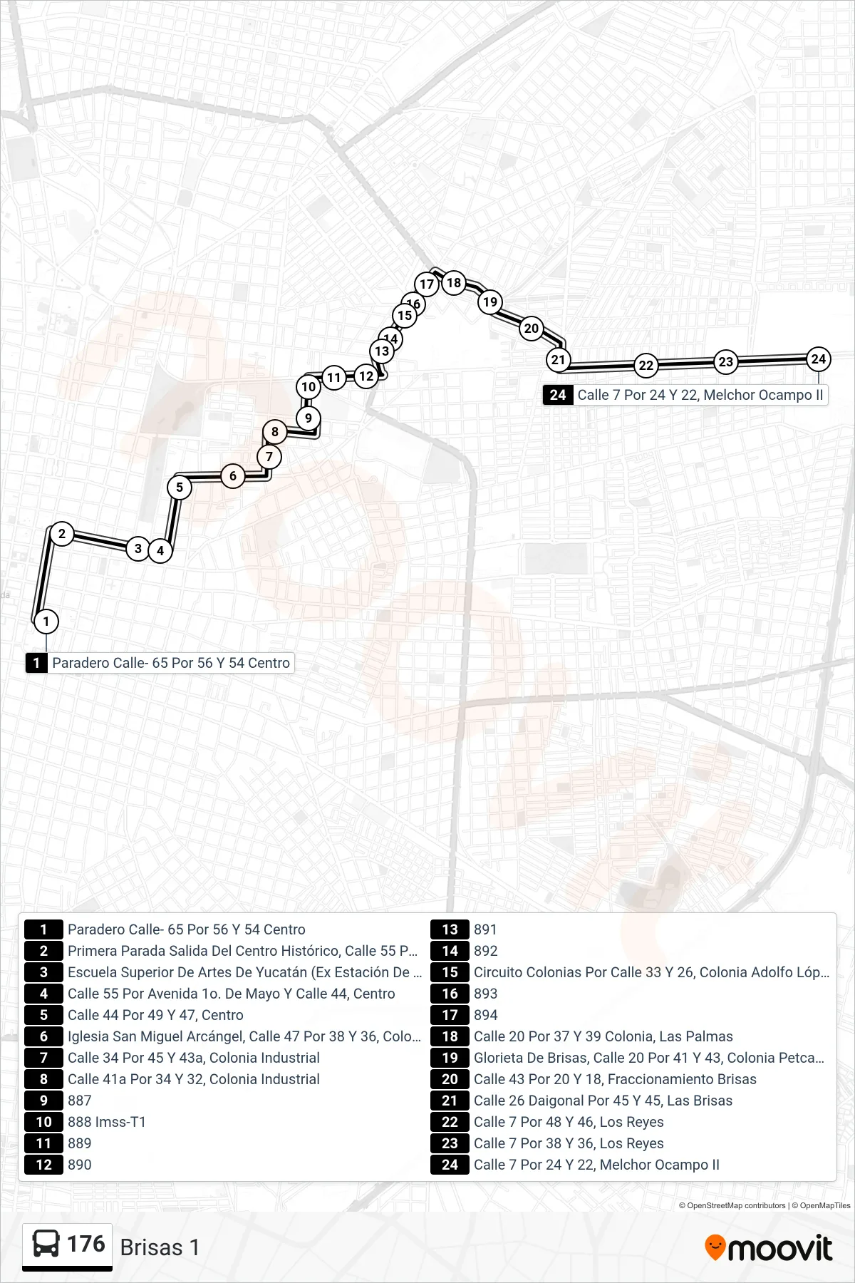 176 bus Line (Brisas 1) route and stops on a map