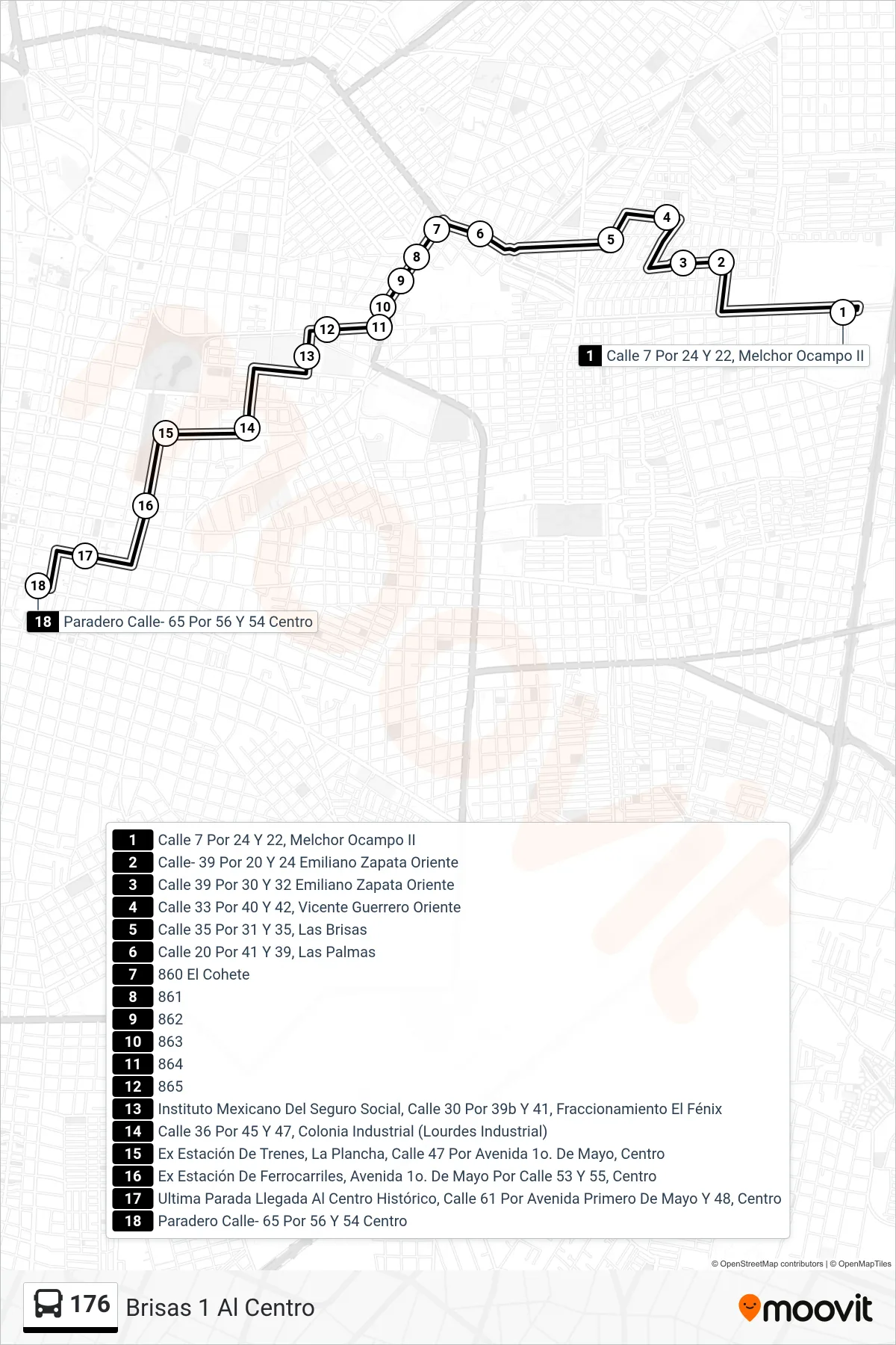 176 bus Line (Brisas 1 Al Centro) route and stops on a map