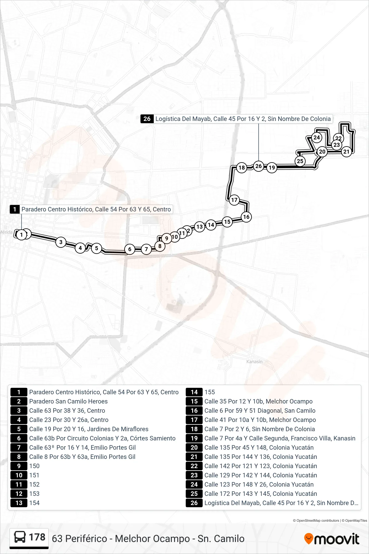 178 bus Line (63 Periférico - Melchor Ocampo - Sn. Camilo) route and stops on a map