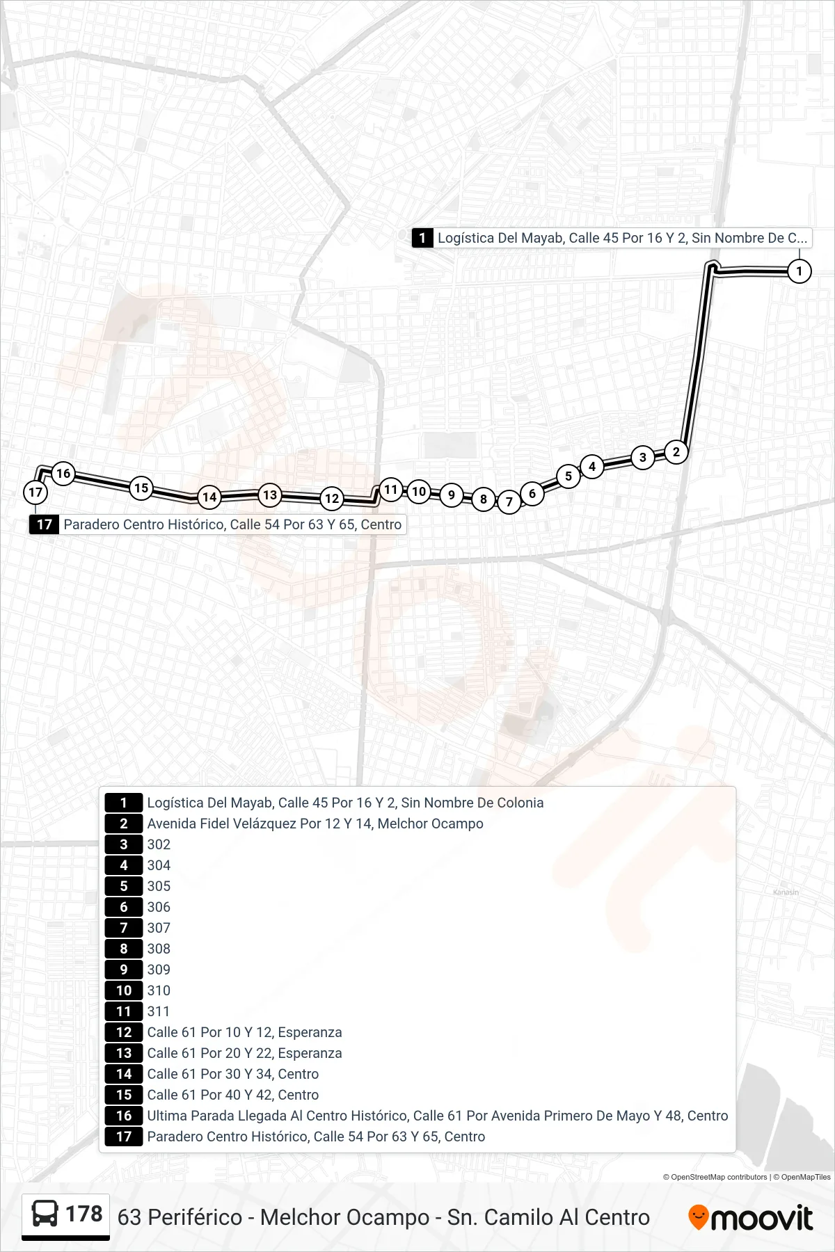 178 bus Line (63 Periférico - Melchor Ocampo - Sn. Camilo Al Centro) route and stops on a map